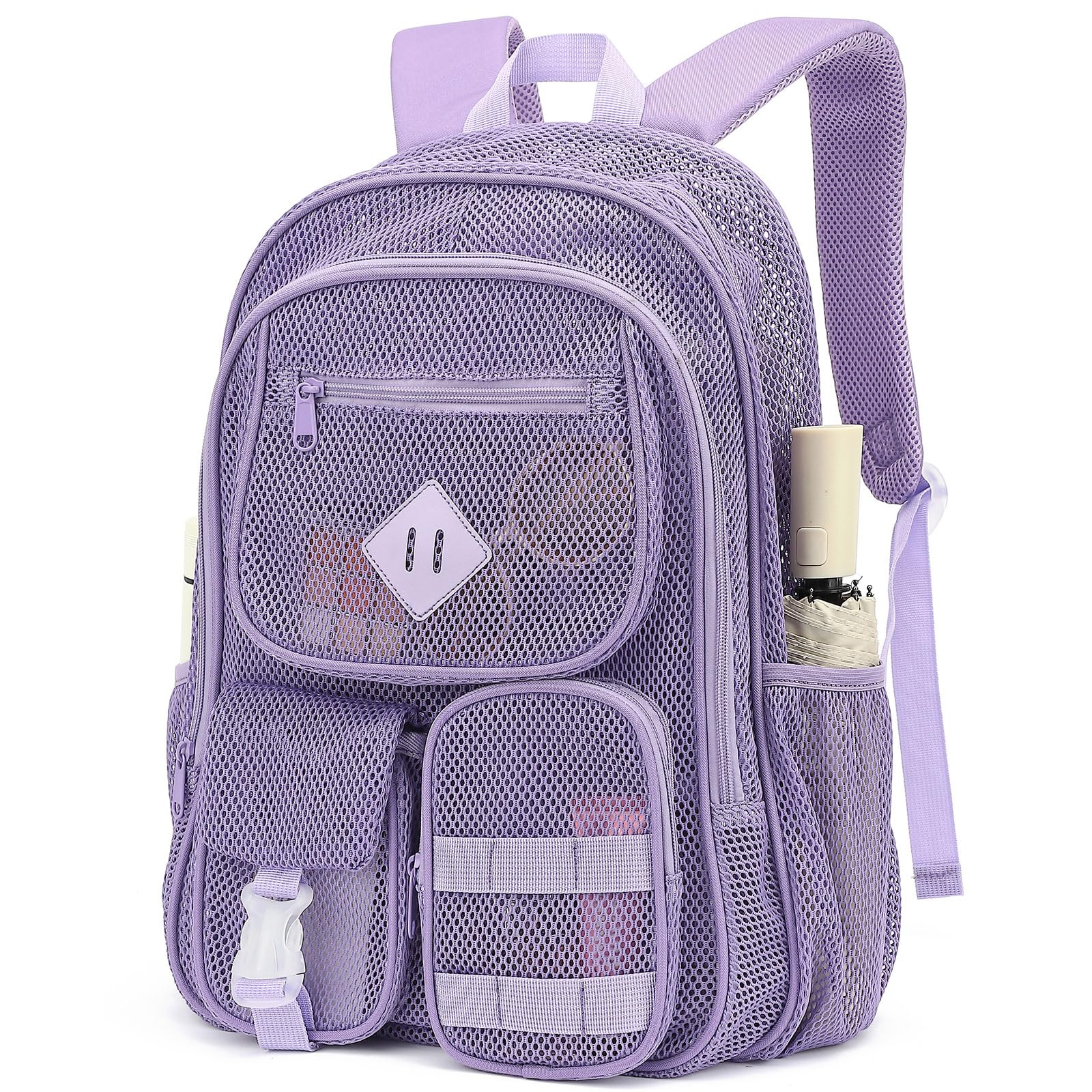 Bevkois Mesh Backpack for Boys Girls Adults, Heavy Duty See Through School Bookbag for Outdoor, Beach, Swimming, Travel (Lavender Purple)