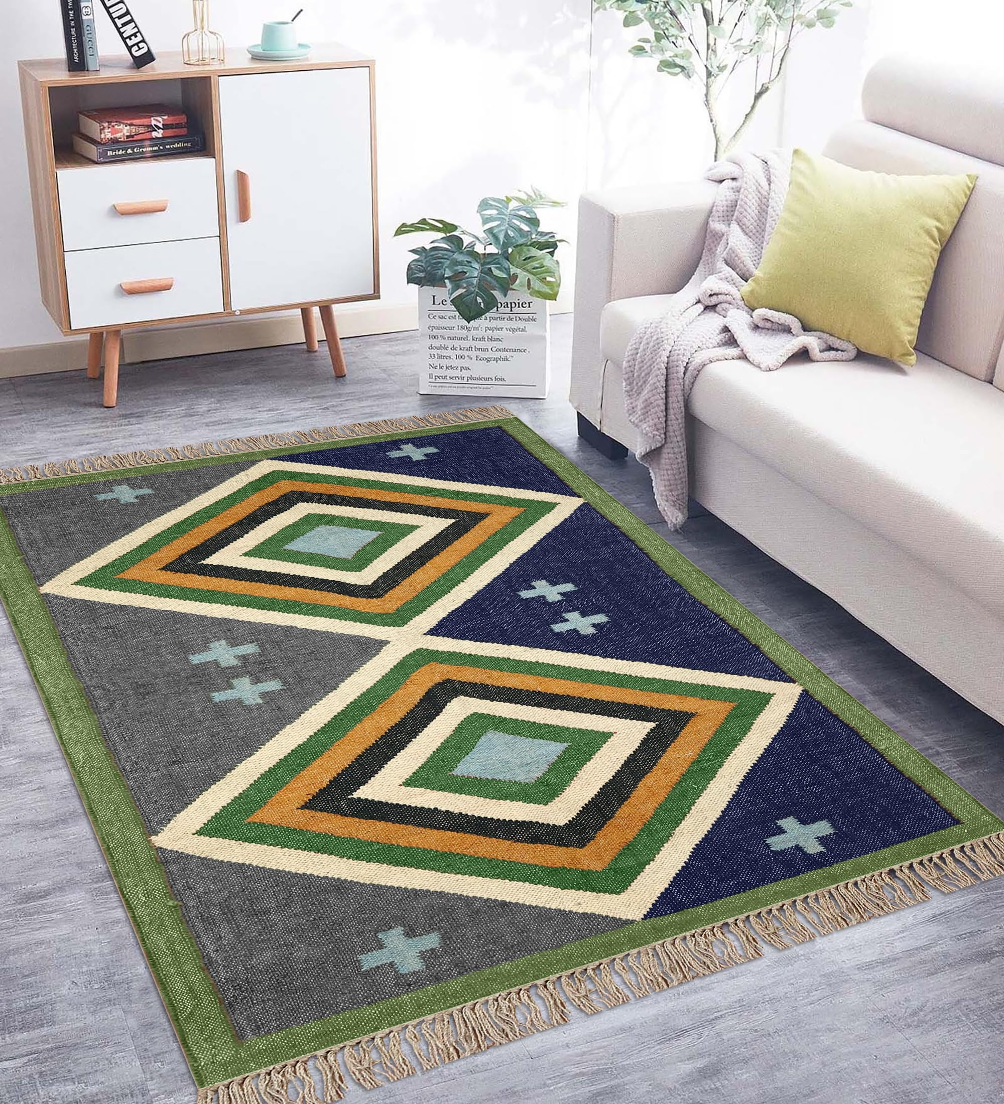 Tappeto quadrato reversibile per 1,5 m, reversibile, in lana, iuta, design geometrico, verde e blu, tappeto intrecciato a mano, spessore 0,5 cm, tappeto per interni ed esterni, per corridoio, sala da