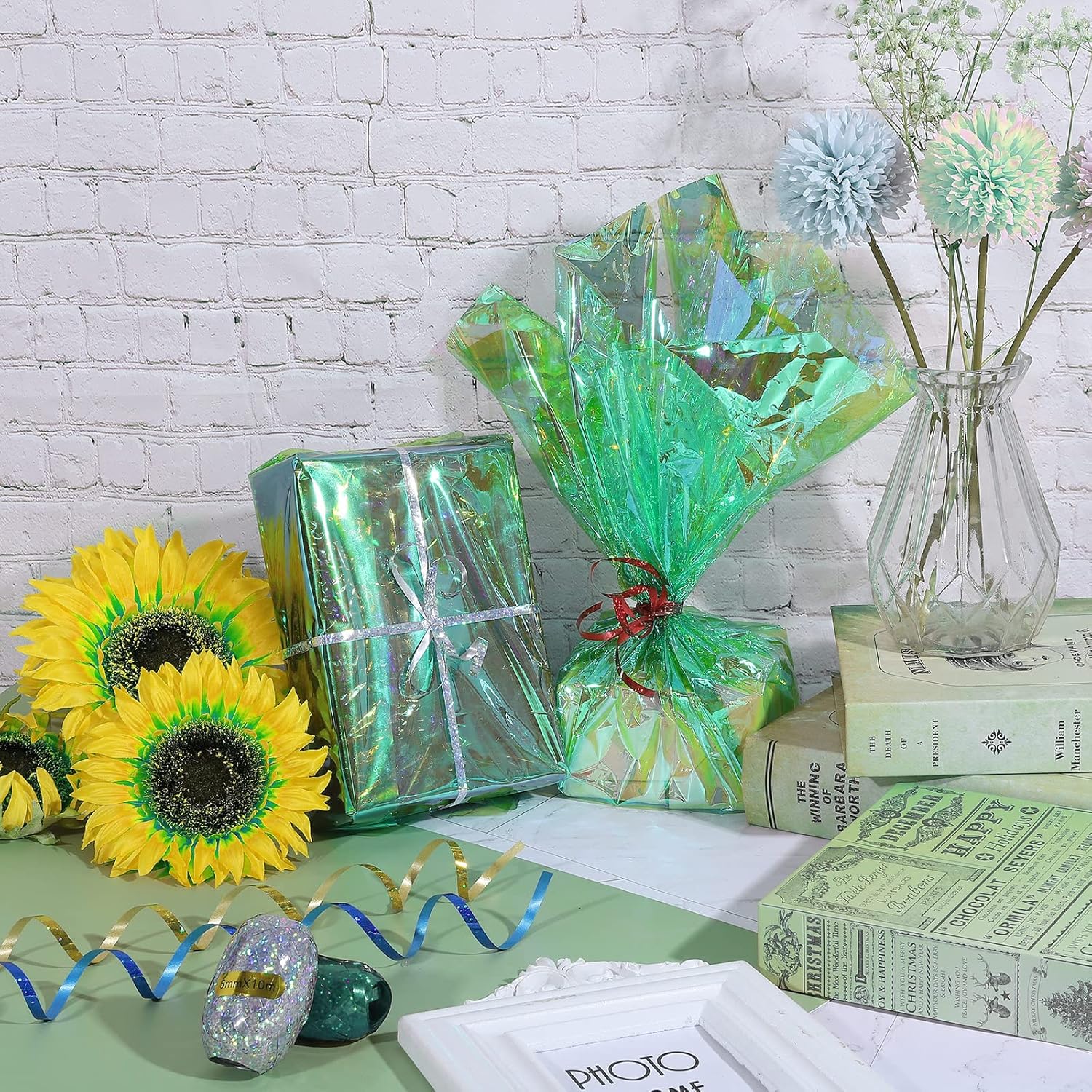 Aneco 157 x 39 Inches Iridescent Cellophane Clear Cellophane Wrap Paper Flower Gift Wrapping Paper with 6 Rolls Colorful Wrap Ribbon for Holiday DIY Wrapping Supplies : Health & Household