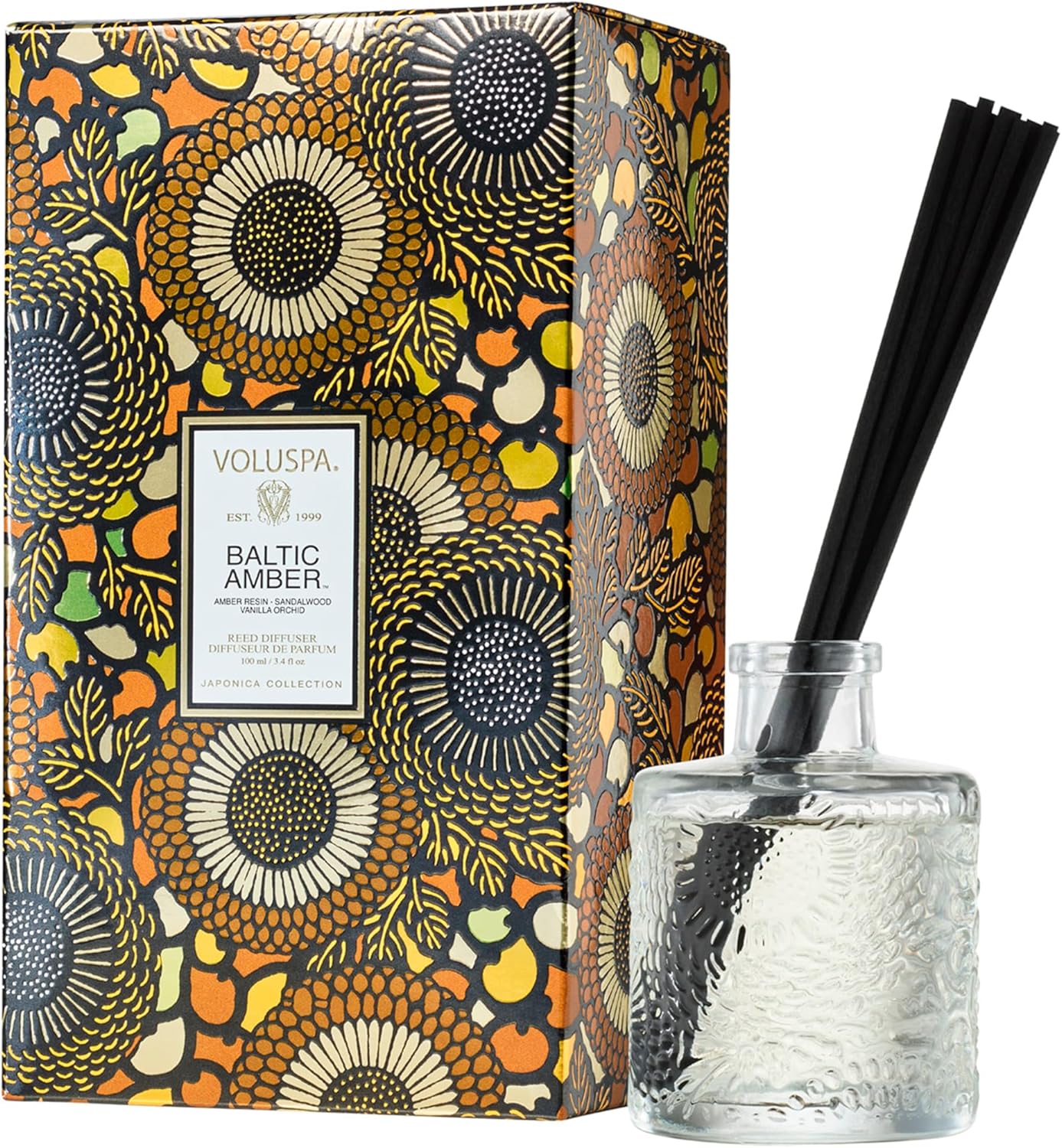 Voluspa Baltic Amber Scented Reed Diffuser, 3.4 oz, Oil Reed Diffusers for Home, Handcrafted in The USA