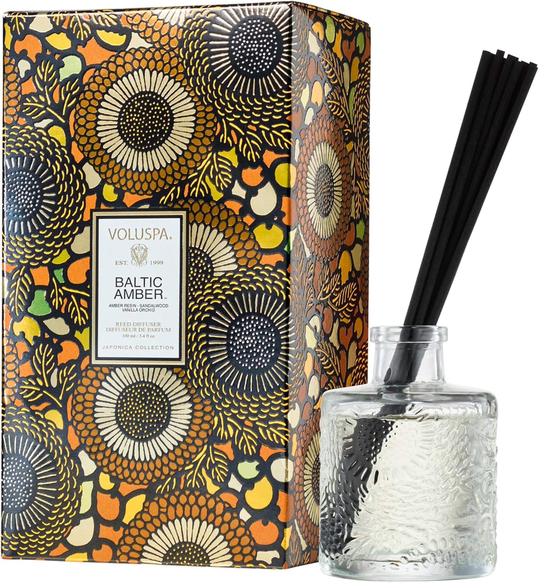 Voluspa Baltic Amber Scented Reed Diffuser, 3.4 oz, Oil Reed Diffusers for Home, Handcrafted in the USA