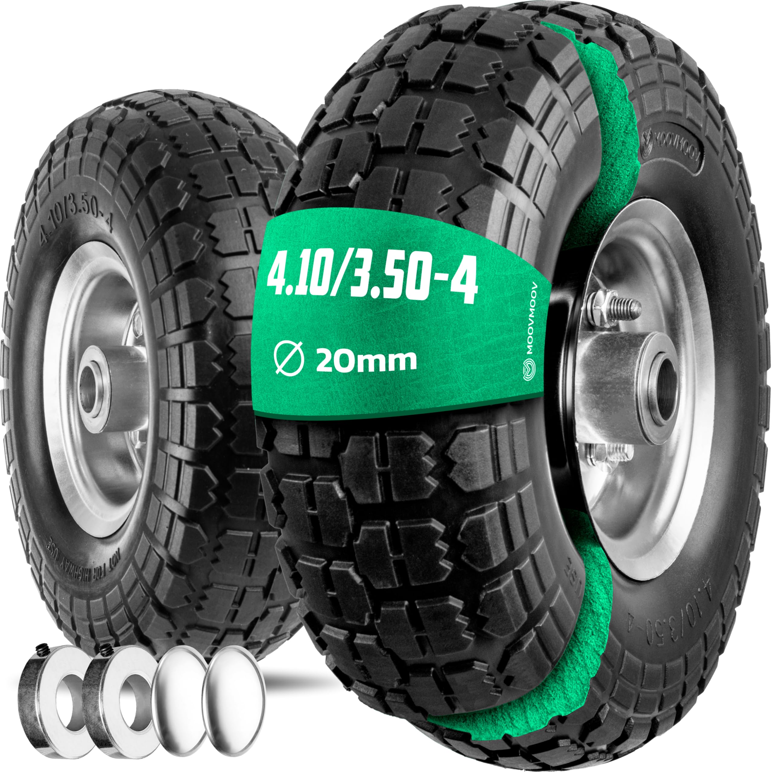 MOOVMOOV Solid Wheel 4.10/3.50-4 (x2) Bore for 3/4" (20mm) Axle - Centered Hub 75mm - For Hand Trucks, Wheelbarrows, Carts, Etc. - Includes Locking Ring + Self-Locking Cap
