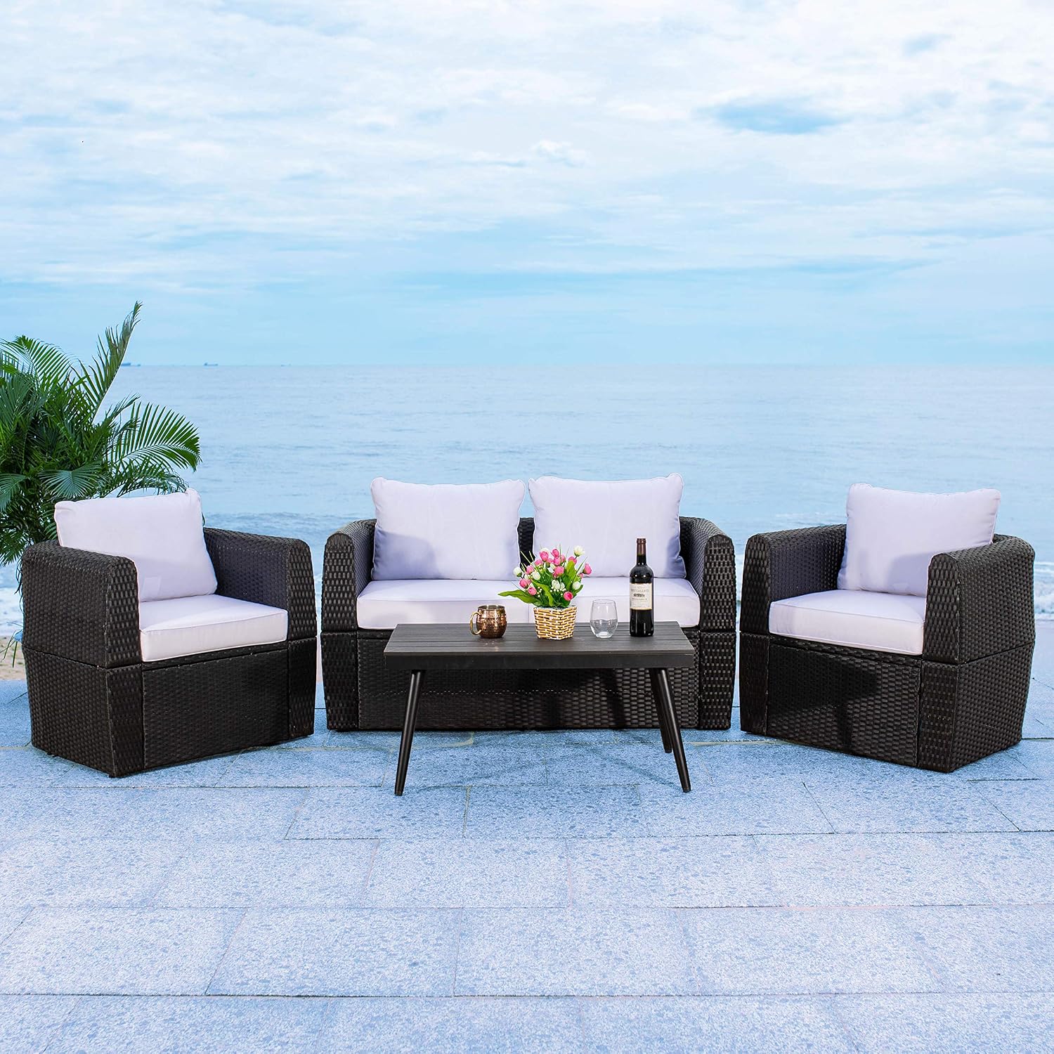 SAFAVIEH Outdoor Collection Tarien Black Wicker/Beige Cushion 4-Piece Patio Backyard Living Set