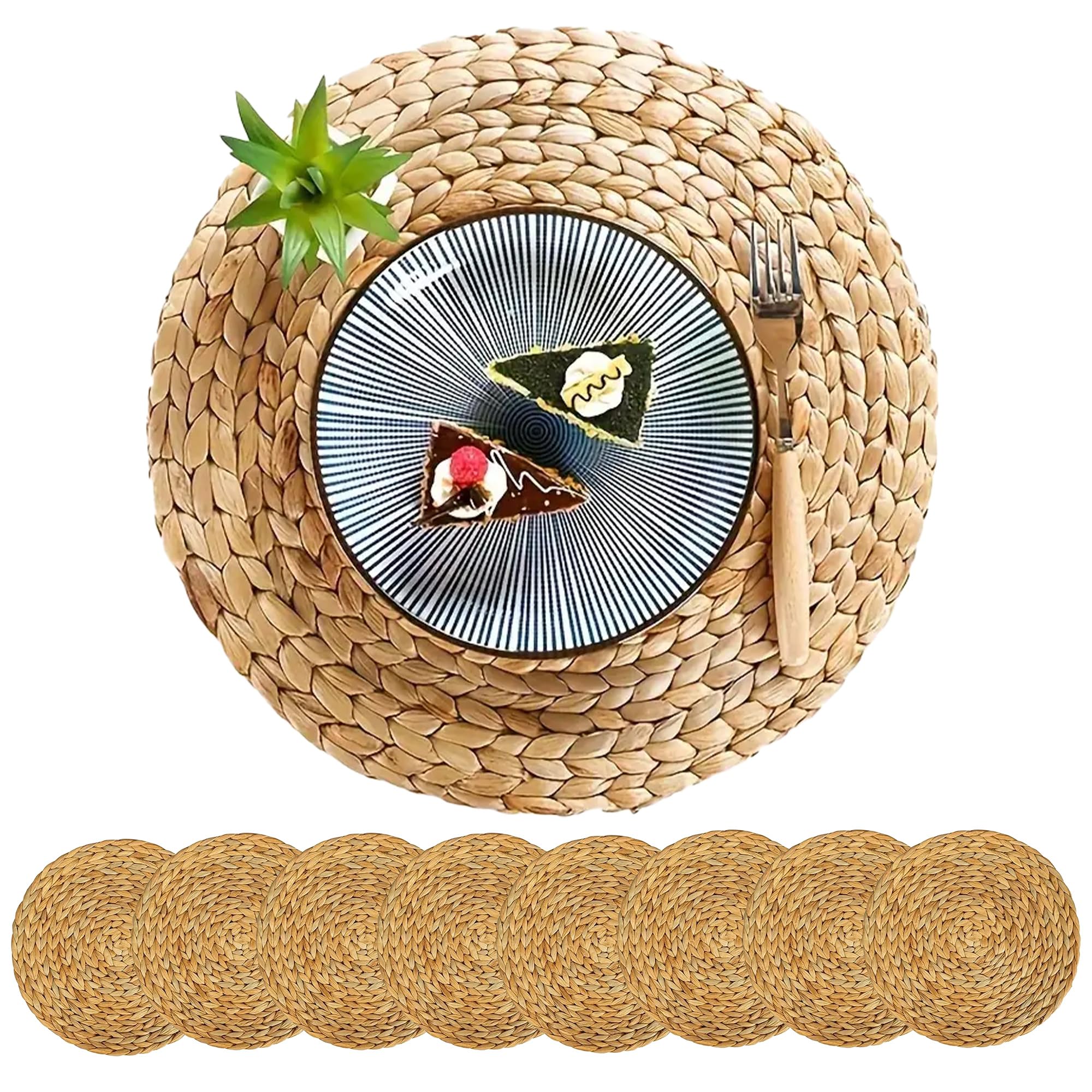 8er Set Rund Seegras Platzset Abwaschbar Platzsets Tischsets Werden, Boho Platzteller, Ideal für Weihnacht Hochzeit Küche Party, Hitzebeständige 35cm Platzdeckchen Abwaschbar, Natur