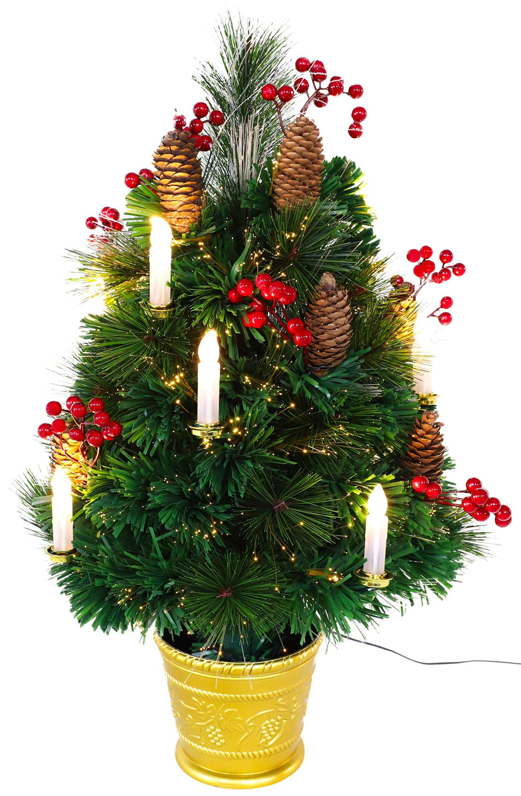 Christmas Concepts® 2ft (60cm) Green Fibre Optic Pine Christmas Tree With Cones, Red Berries And LED Candles