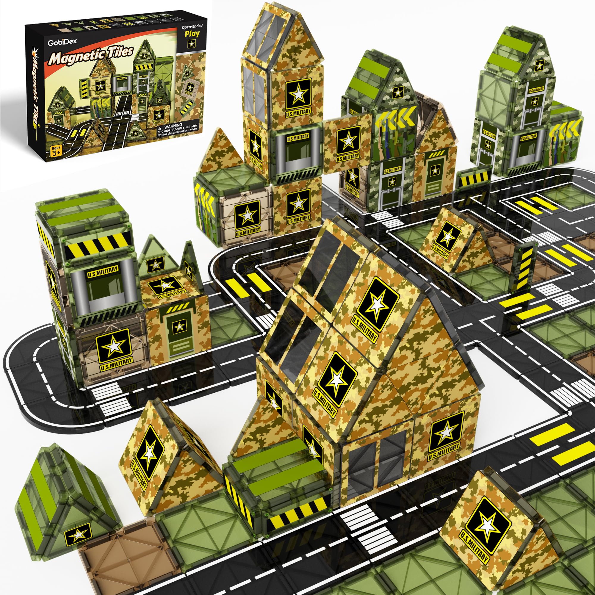 GobiDexMagnetic Tiles Army Toys, Military Magnet Tiles Building Blocks for Toddlers STEM Construction Preschool Toys for Kids Ages 3-5 4-8, 3+ Years Old Boys Girls Birthday Gifts Toys Army Men Games