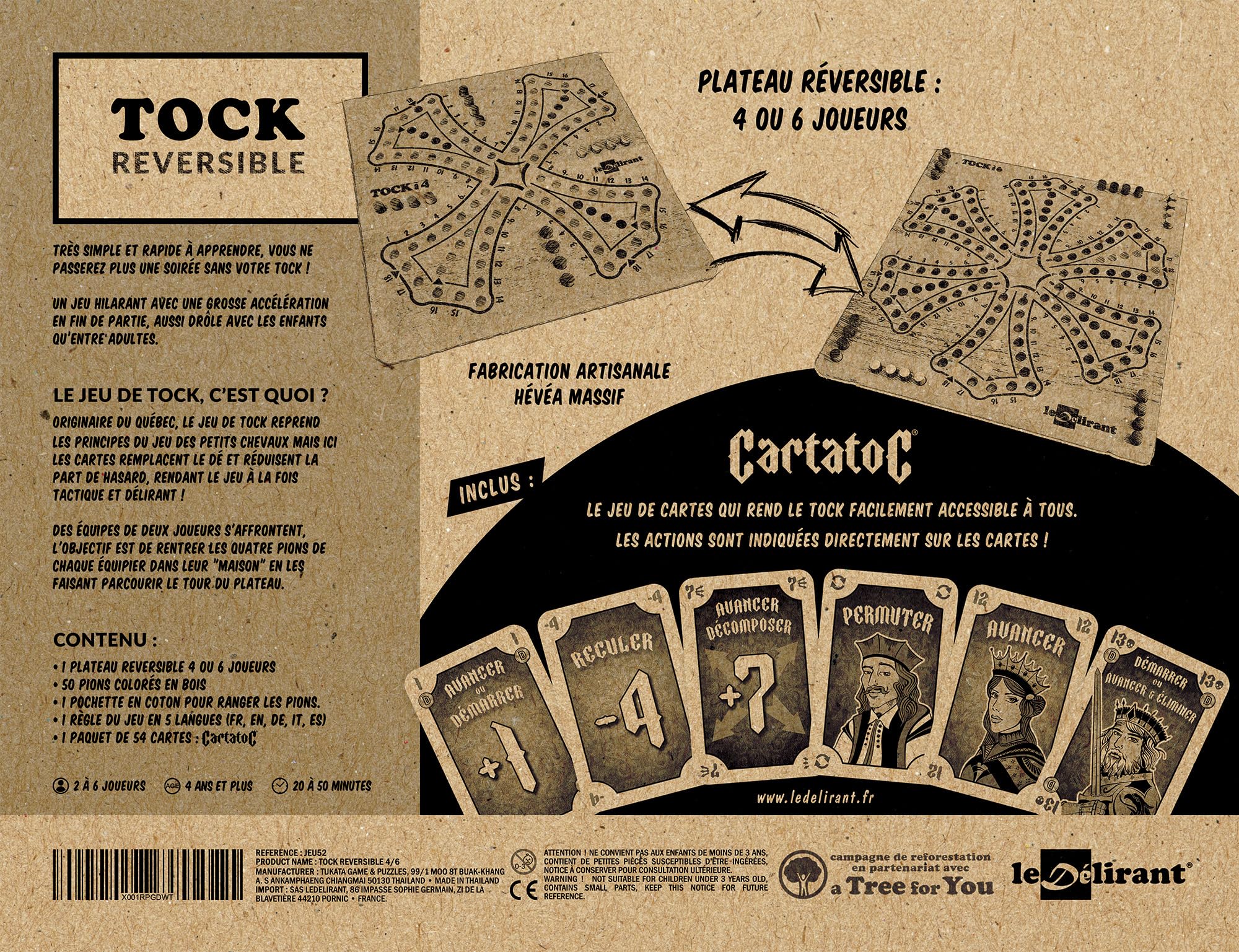 Jeu de Tock Réversible 4 à 6 Joueurs - Fabrication Artisanale en Bois d’Hévéa Massif – Marque Française - à Partir de 6 Ans - Inclus 54 Cartes CartatoC - Jeux de Société Familial.