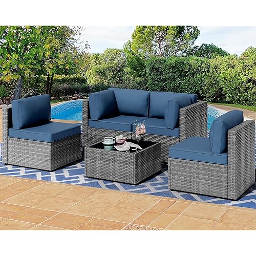 Shintenchi 5 Pieces Outdoor Patio Furniture Sets, Patio Sectional Sofa Couch, Silver Gray PE Wicker Furniture Modular Patio Conversation Sets Patio Sofa with Washable Cushions & Table (Aegean Blue)
