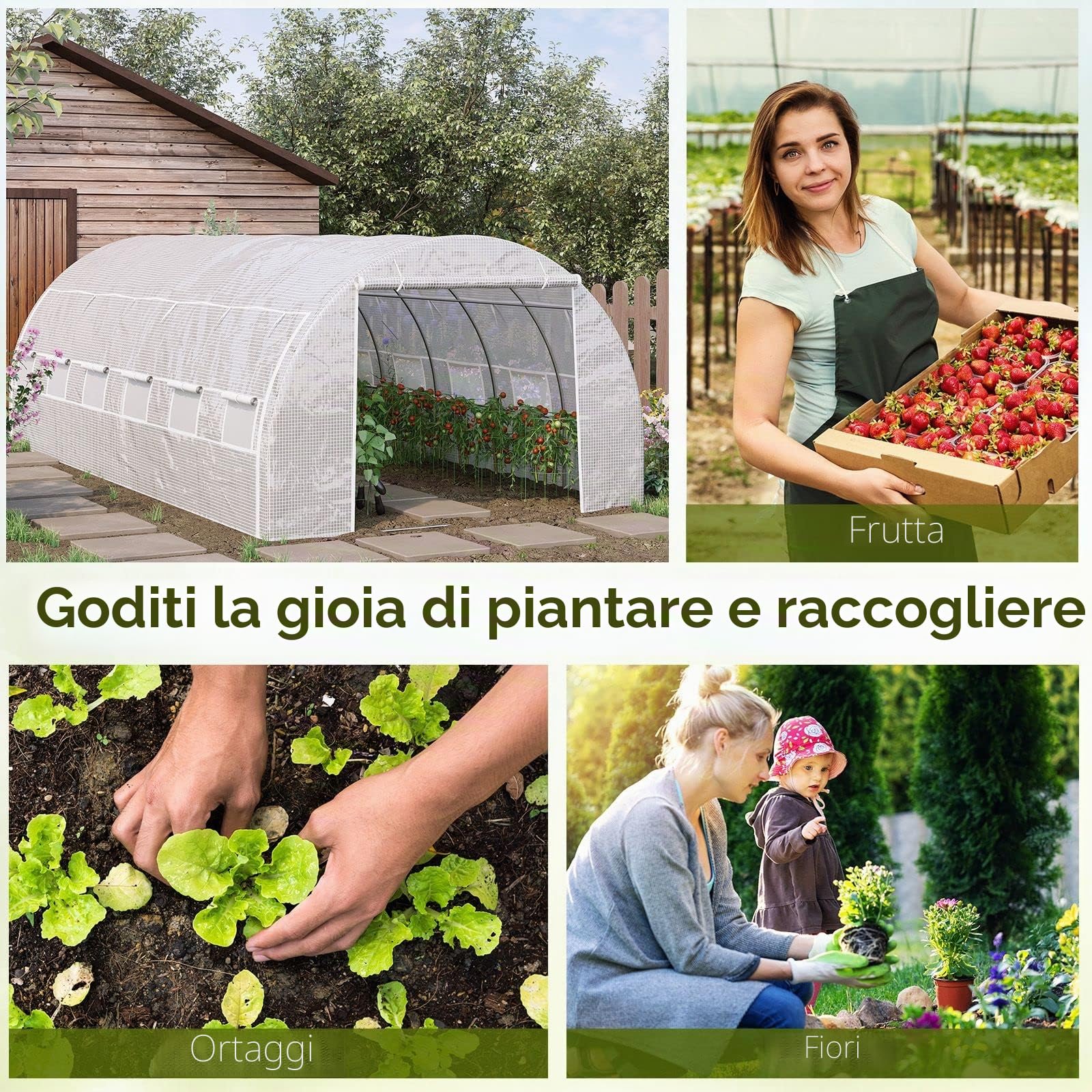 Outsunny Serra da giardino 18 m² dom. 6L x 3L x 2H m con porta + pareti laterali con cerniera arrotolabili, 12 finestre, acciaio PE ad alta densità 140 g/m² anti-UV, bianco