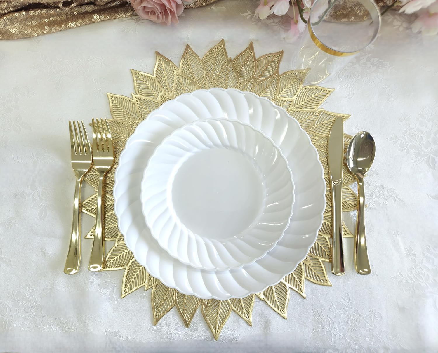 " OCCASIONS " 10 Pieces Pack Pressed Vinyl Metallic Placemats/Wedding Accent Placemat (Dhalia-Matt Gold)