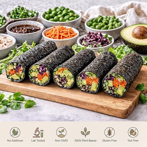 Miniatura 8 de Raw Organic Nori - Paquete de 100 hojas de papel de sushi vegano, crudo, kosher, sin calentar, sin cocinar, no tostado, compra a granel, ahorra