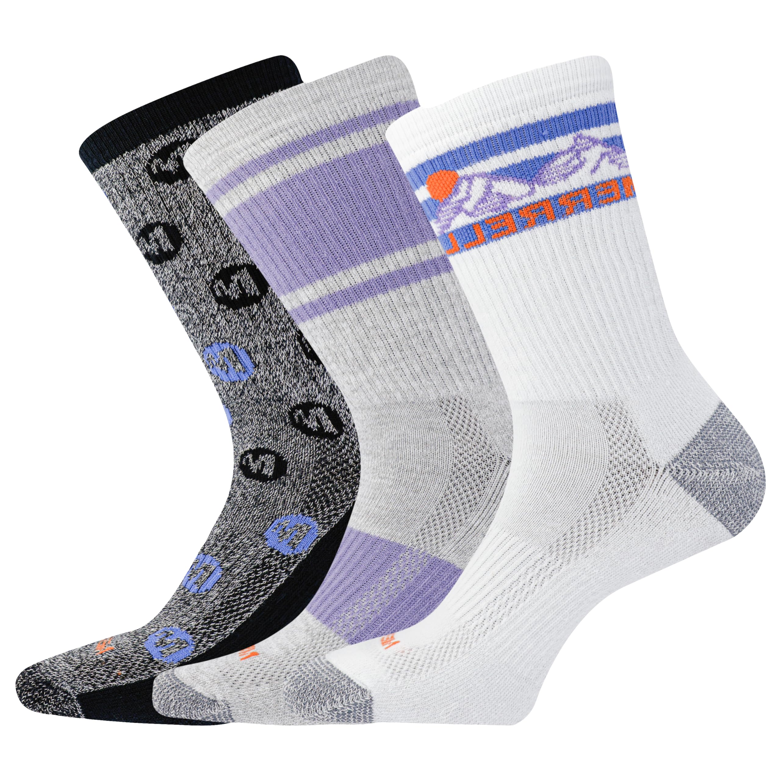 Merrell Unisex's Men's and Women's Recycled Everyday Half Cushion Crew Socks-3 Pairs-Breathable Hiking, Lavender Assorted, S-M