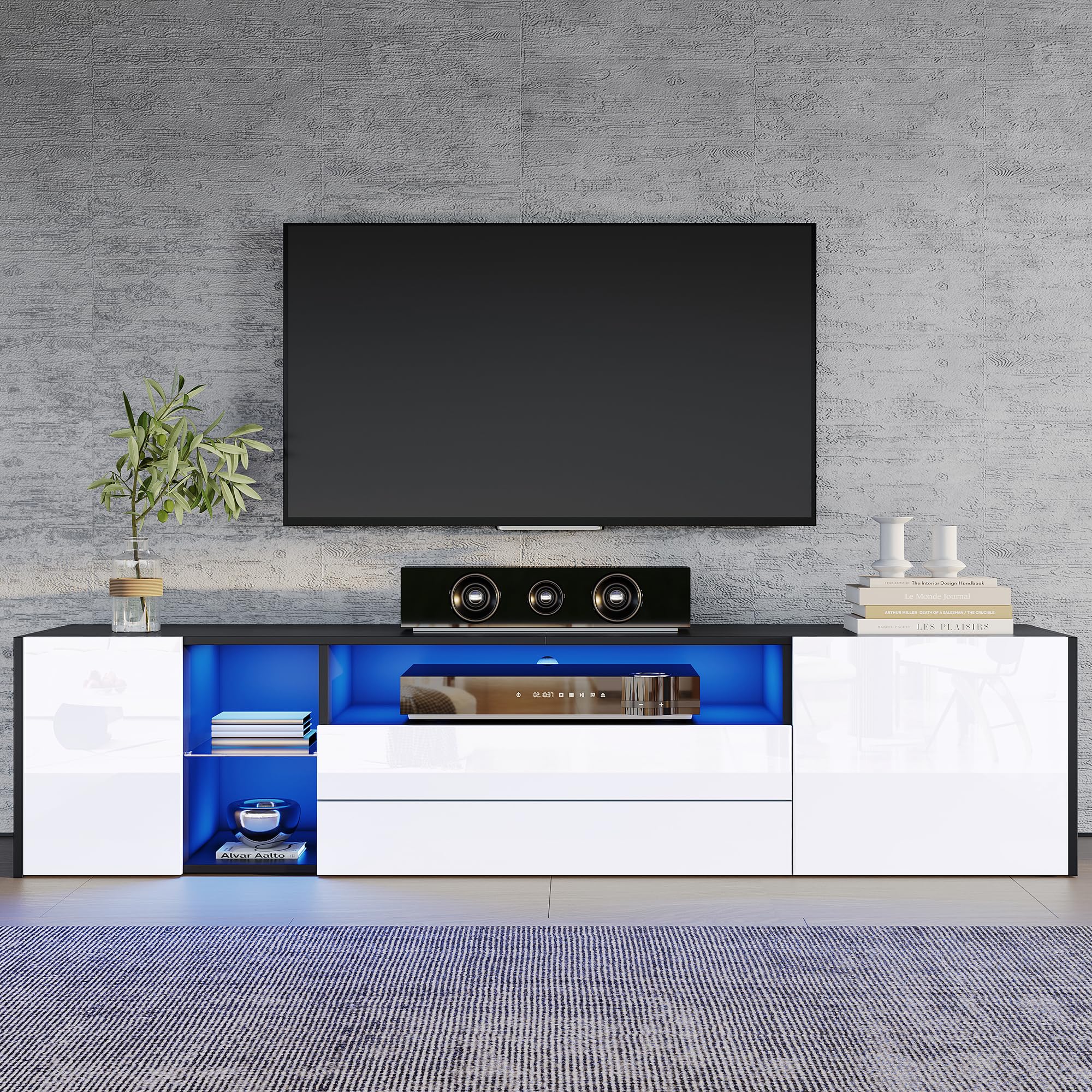 LAKFEW Mueble TV 180 cm de hasta 75 Pulgadas, Mueble TV Salon con Luz LED y 2 Cajones, Muebles TV con 2 Puertas y 2 Compartimentos de Almacenamiento, Muebles de Salon, 180x40x45 cm, Blanco + Negro