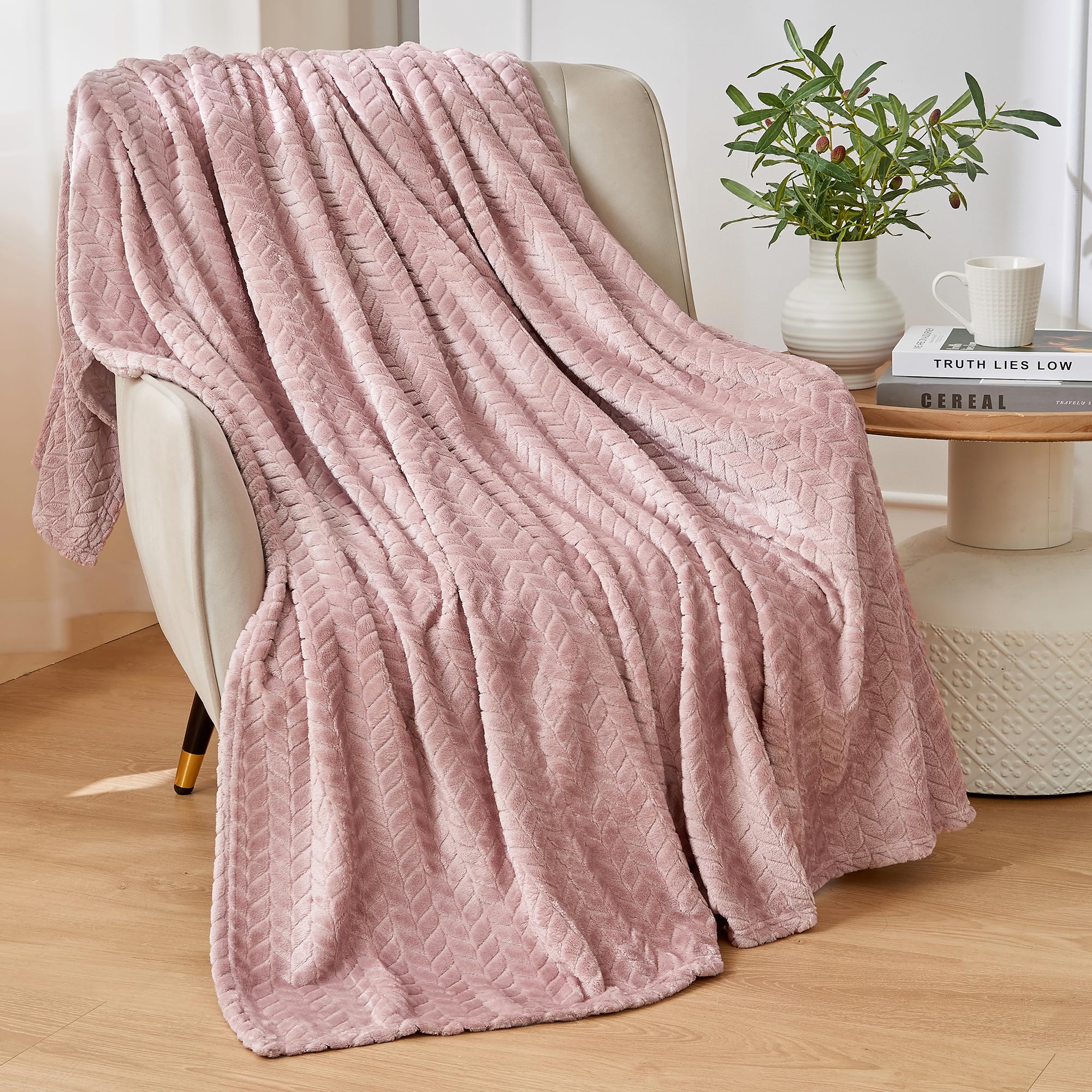 Rendile - Manta de franela de forro polar, 150 x 200 cm, tamaño doble, 300 g/m², tejido jacquard suave, patrón de hojas, manta de lujo para cama y sofá, color rosa