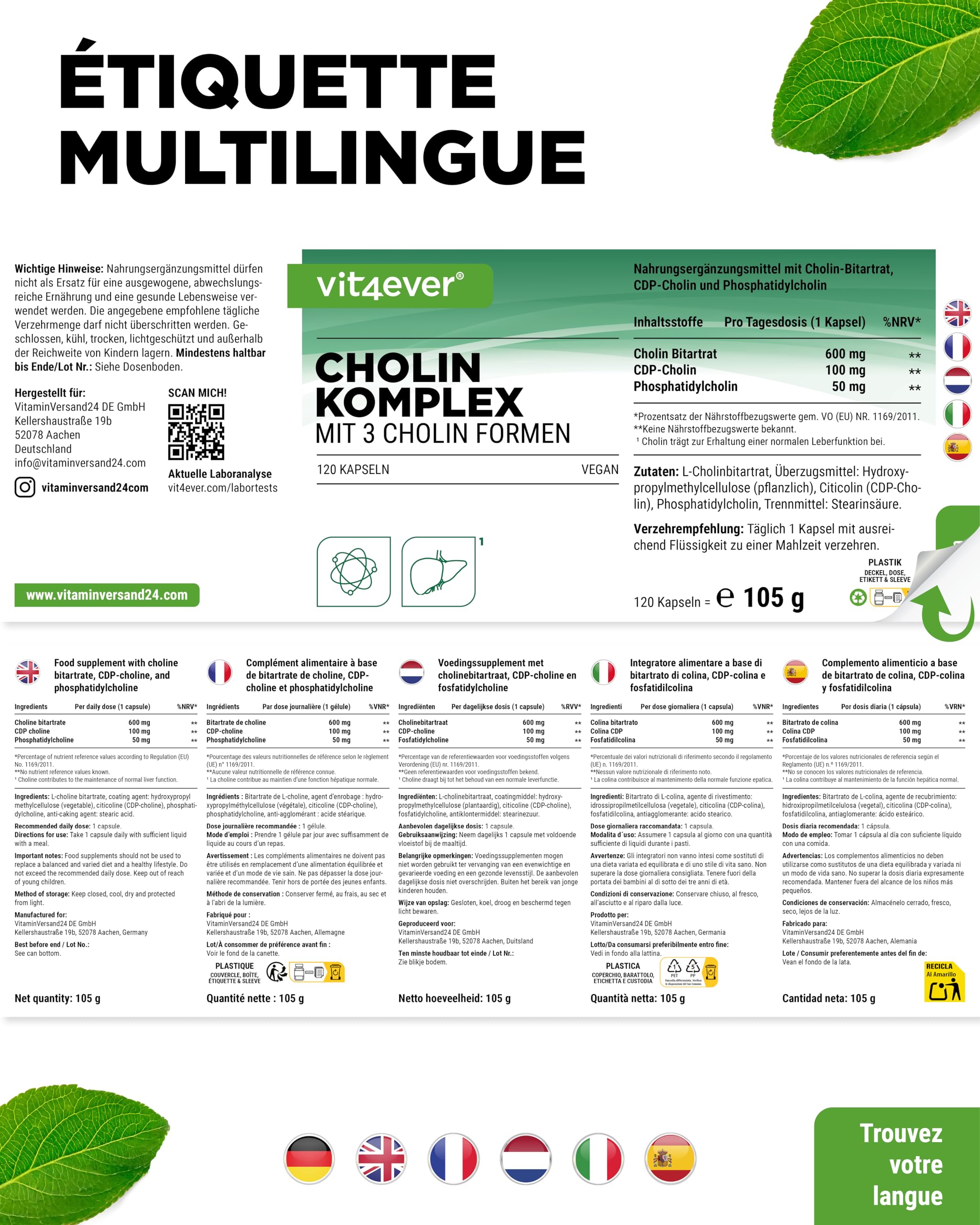 vit4ever Complexe de Choline avec 3 Formes de Choline - 120 Gélules - Bitartrate, Citicoline & Phosphatidylcholine en Combinaison Synergique - Sans Additif - Vegan