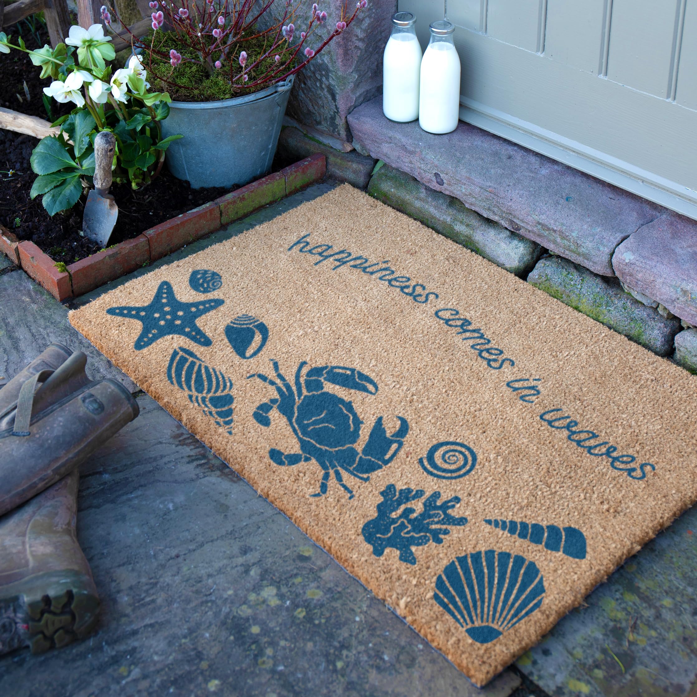 Artsy Mats - Country Happiness Comes In Waves Coir Doormat - Made from Tufted Coconut Fibre - Non-Slip Natural Rubber Backed Door Mats Indoor - Decorative Outdoor Mats, (90x60cm)