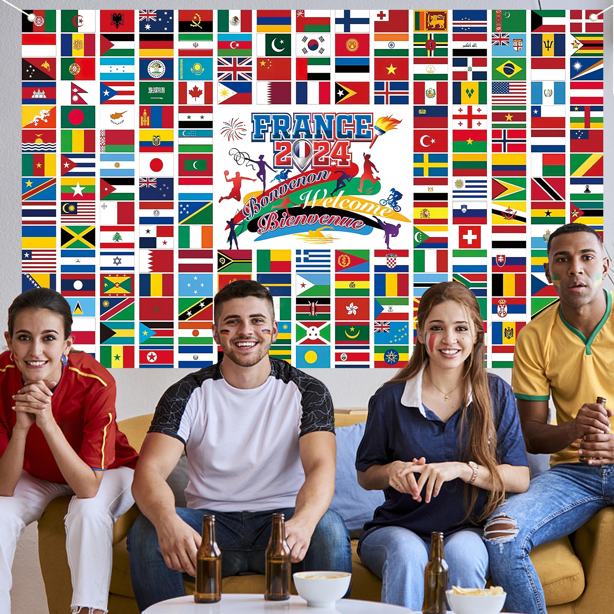 20PCS Petit Drapeau Olympique, Mini Drapeaux Jeux Olympiques Paris 2024 avec Poteau Blanc, Jeux Olympiques Decoration,14x21cm