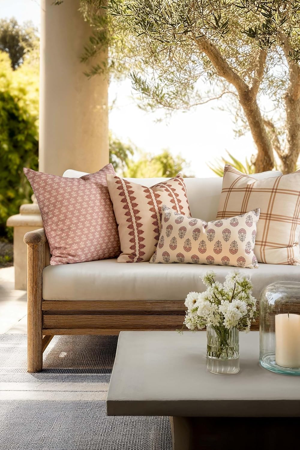 Crumbs Home Modern Farmhouse California Casual Indoor Outdoor Lumbar Pillow Cover, 12"x20" Water Repellent for Patio, Backyard, Couch, Poolside, Earth Tone Dark Rose Ivory Cream Block Print Flowers