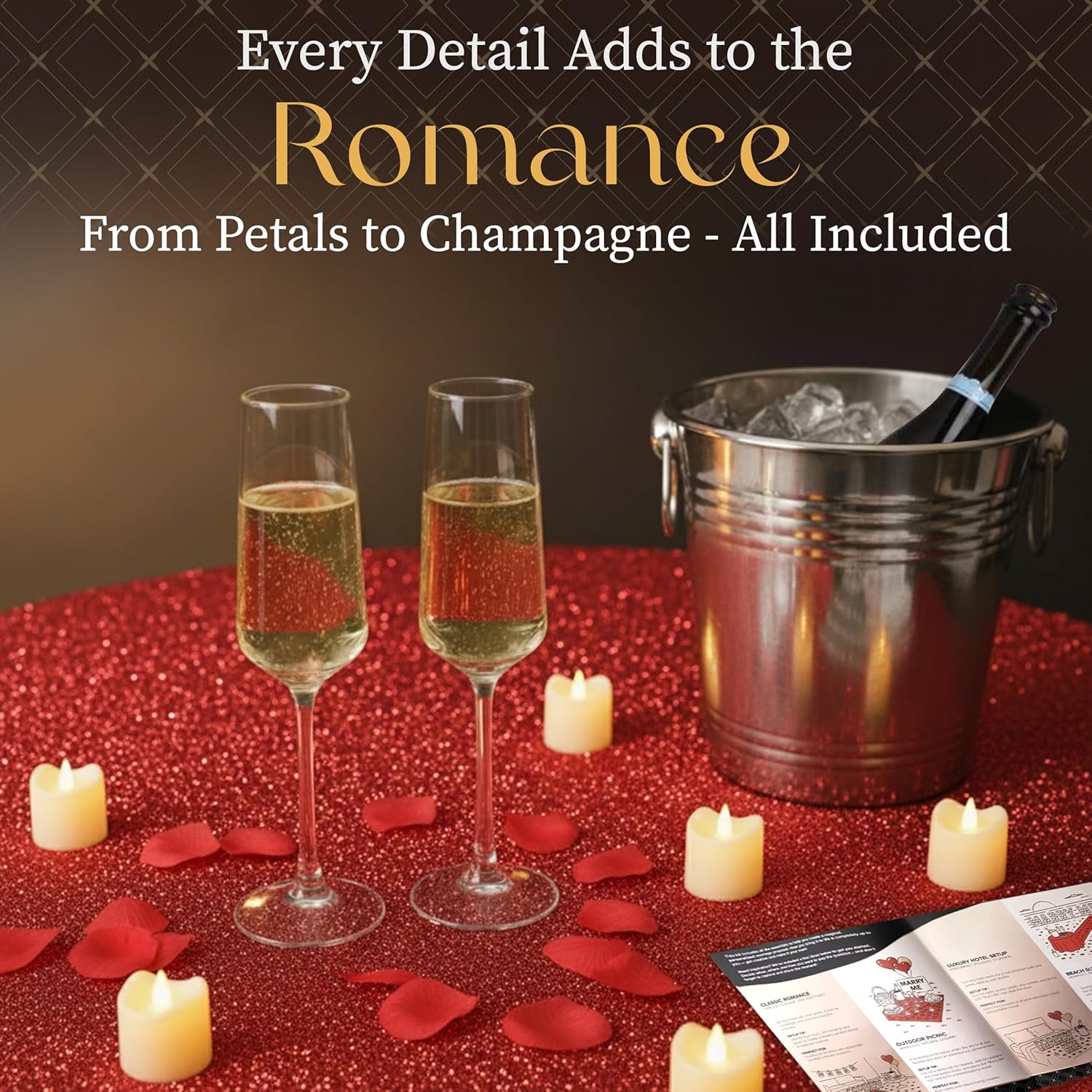 Super Complete 𝗔𝗟𝗟-𝗜𝗡𝗖𝗟𝗨𝗦𝗜𝗩𝗘 Marriage Proposal Kit – All-in-One Engagement Decorations Set with LED Marquee MARRY ME Letters, Petals, Flameless Candles, Carpet, Champagne Glasses, Setup Brochure & More