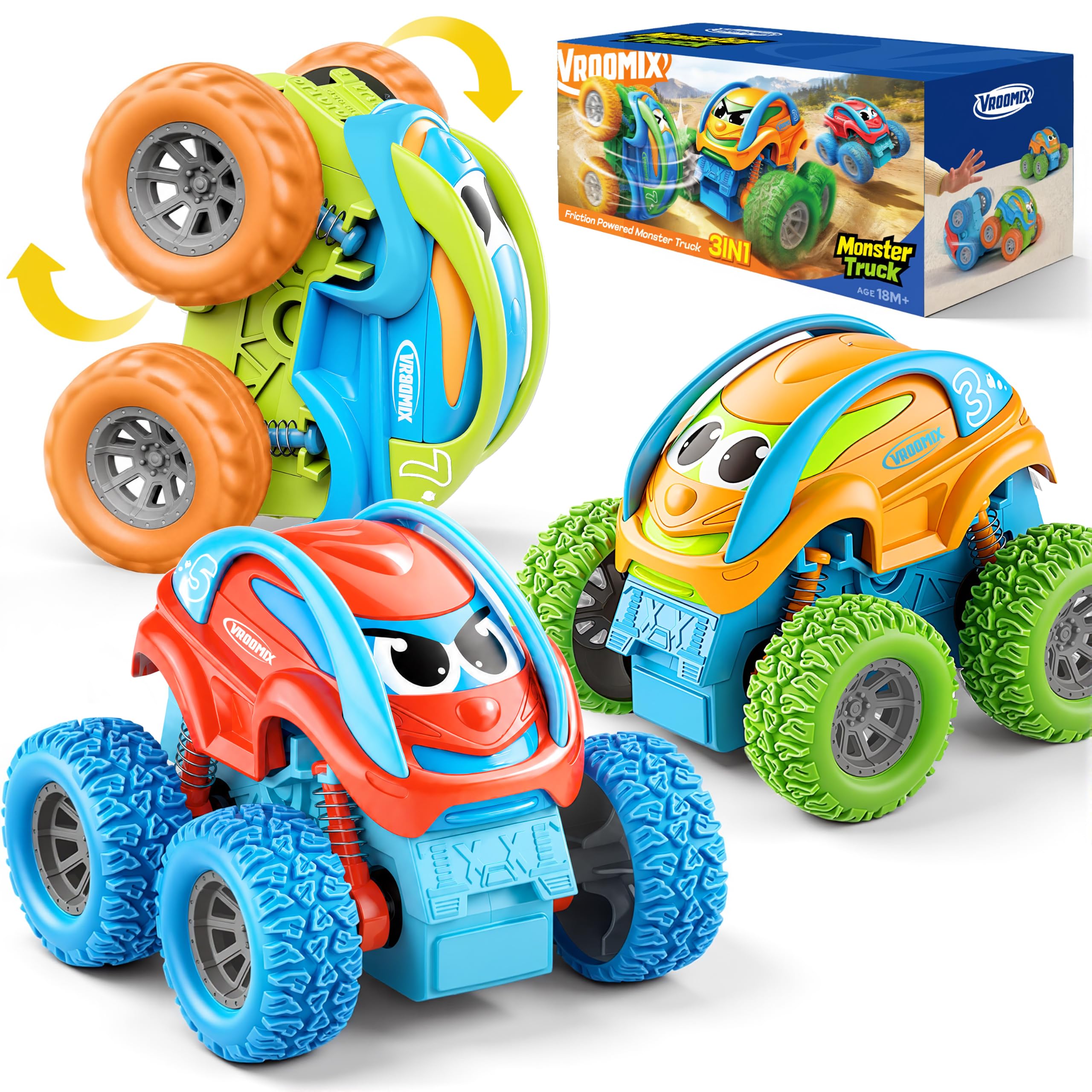 Vroomix 3 Pack Flip Stunt Monster Truck Toys for 2 3 4 Year Old Boys Gifts