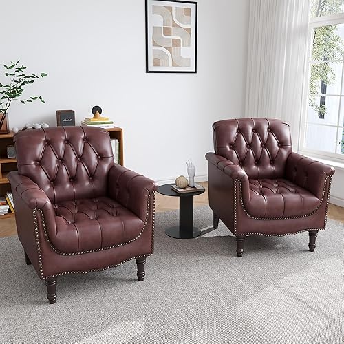 Miniatura 19 de UIXE - Juego de 2 sillas decorativas de cuero sintético, cómodo sillón tapizado para sala de estar, silla con botones decorativos y brazos, sofá