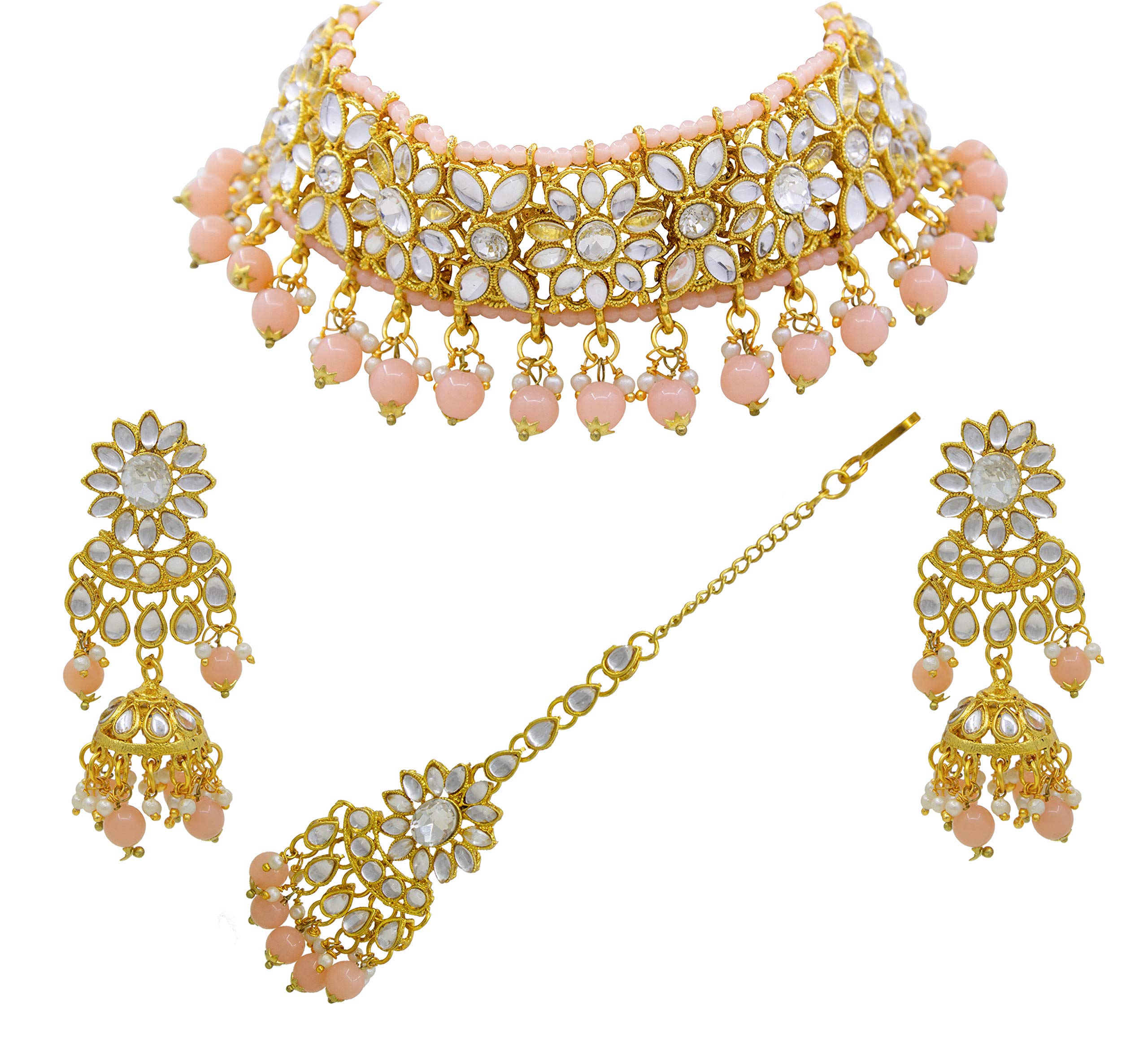 SAIYONI Peach Color Kundan Stone & Beads Glamorous Look Traditional Gold Plated Choker Necklace Earring With Maangtikka Jewellery Set For Womens (B08R7P7SFC) Amazon Price History, Amazon Price Tracker