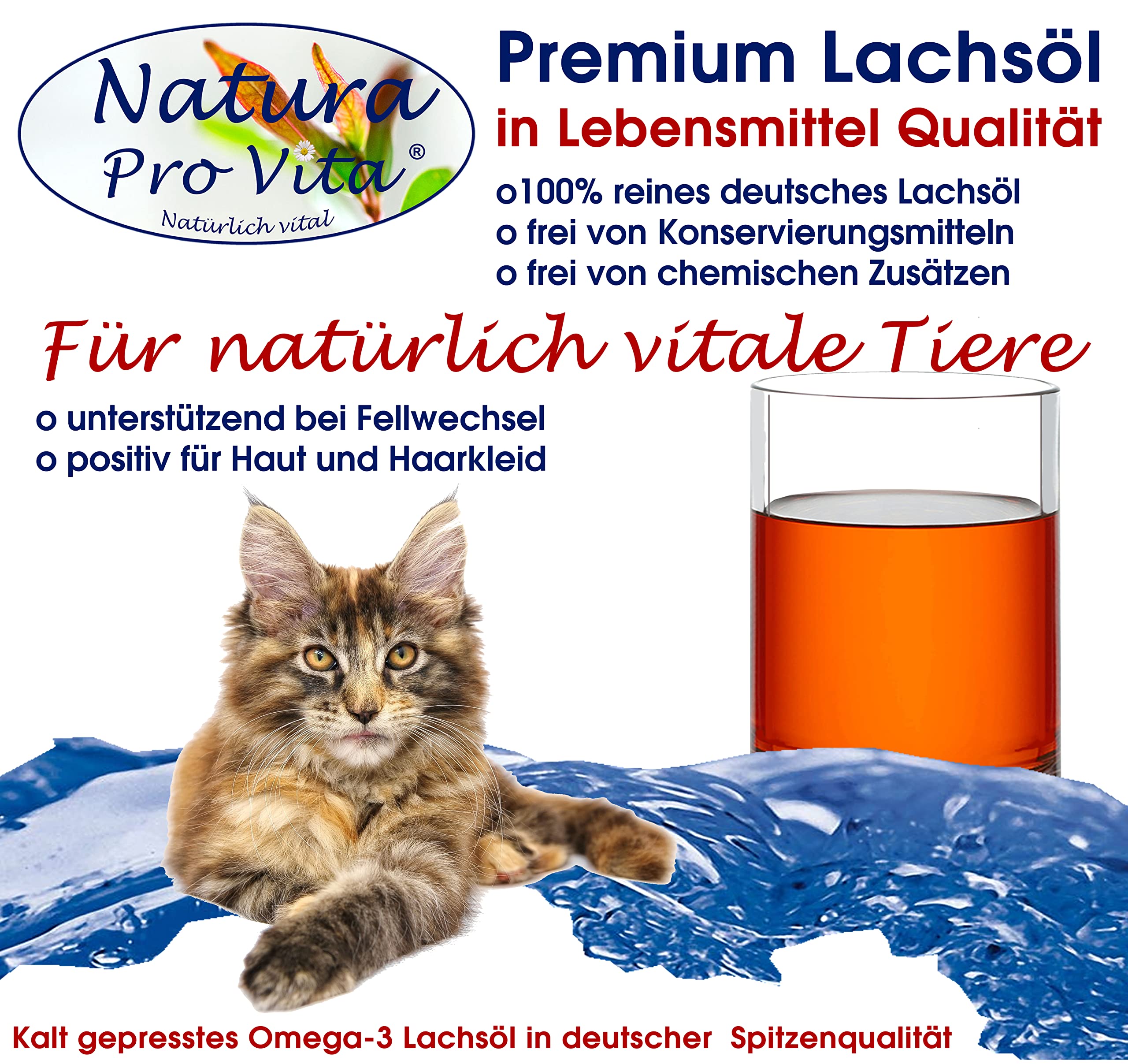 Lachsöl Katzen Lebensmittelqualität kaltgepresst Omega-3-Öl Katzen Natura Pro Vita gut für Haut Fell Immunkraft Fischöl Katzen Barföl 3L Glasflasche (3X 1L)