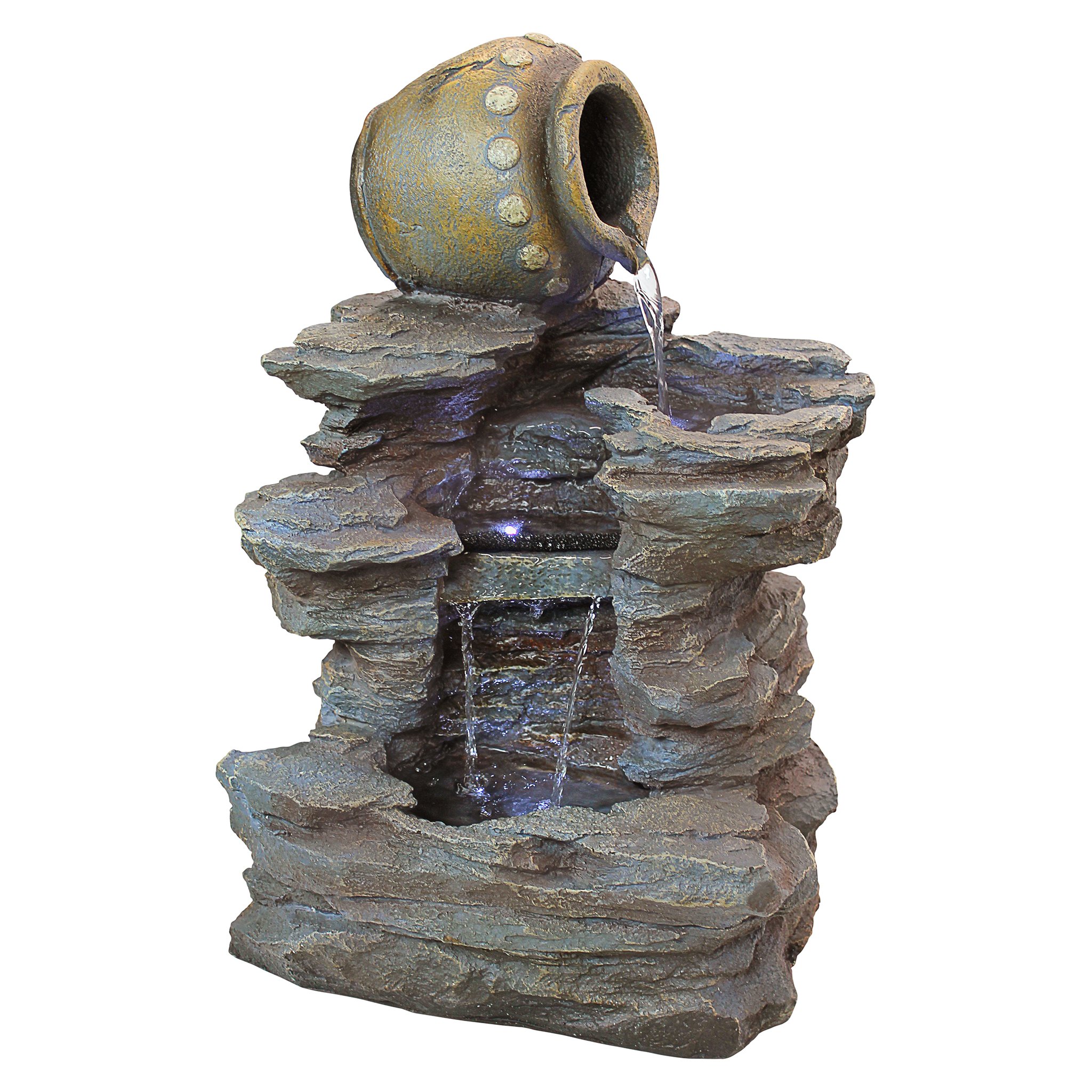 Water Fountain with LED Light - Spilling Water Jug Rock Fountain - Outdoor Water Feature