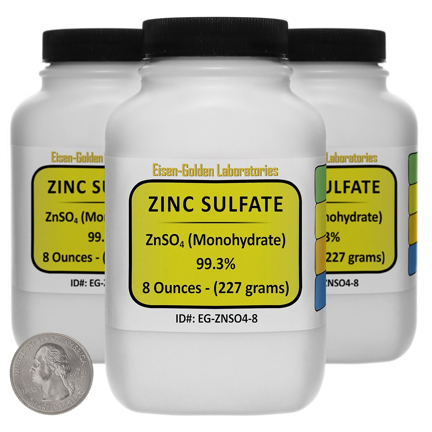Zinc Sulfate [ZnSO4] 99.3% ACS Grade Powder 1.5 Lb in Three Space-Saver Bottles