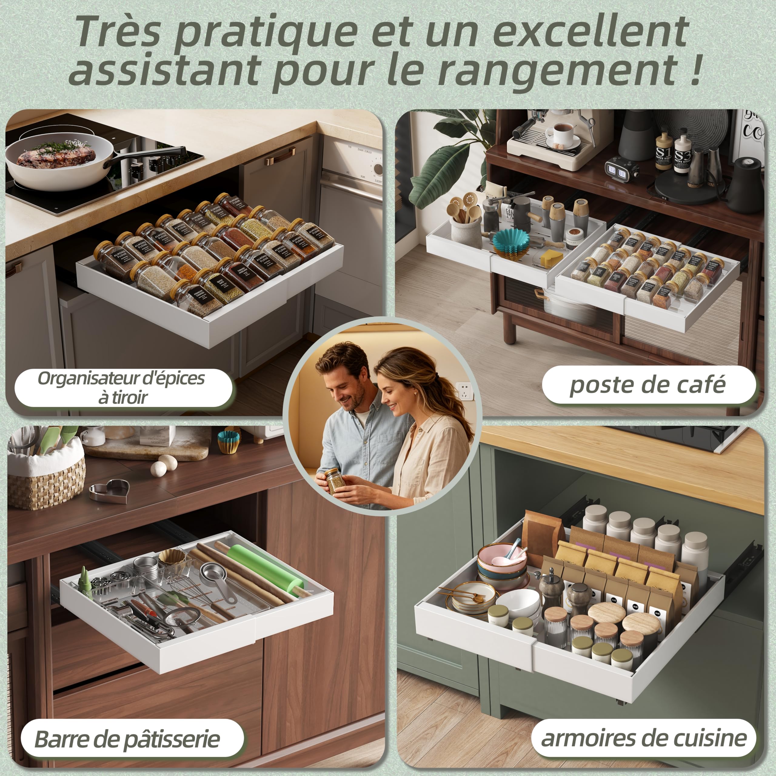 NETEL Lot de 2 tiroir coulissant cuisine et 6 pièces Organisateur Porte Épices，plateau coulissant placard，32-52cm Largeur, 42cm Profondeur,Fixation Autocollante ou par Vis,Blanc