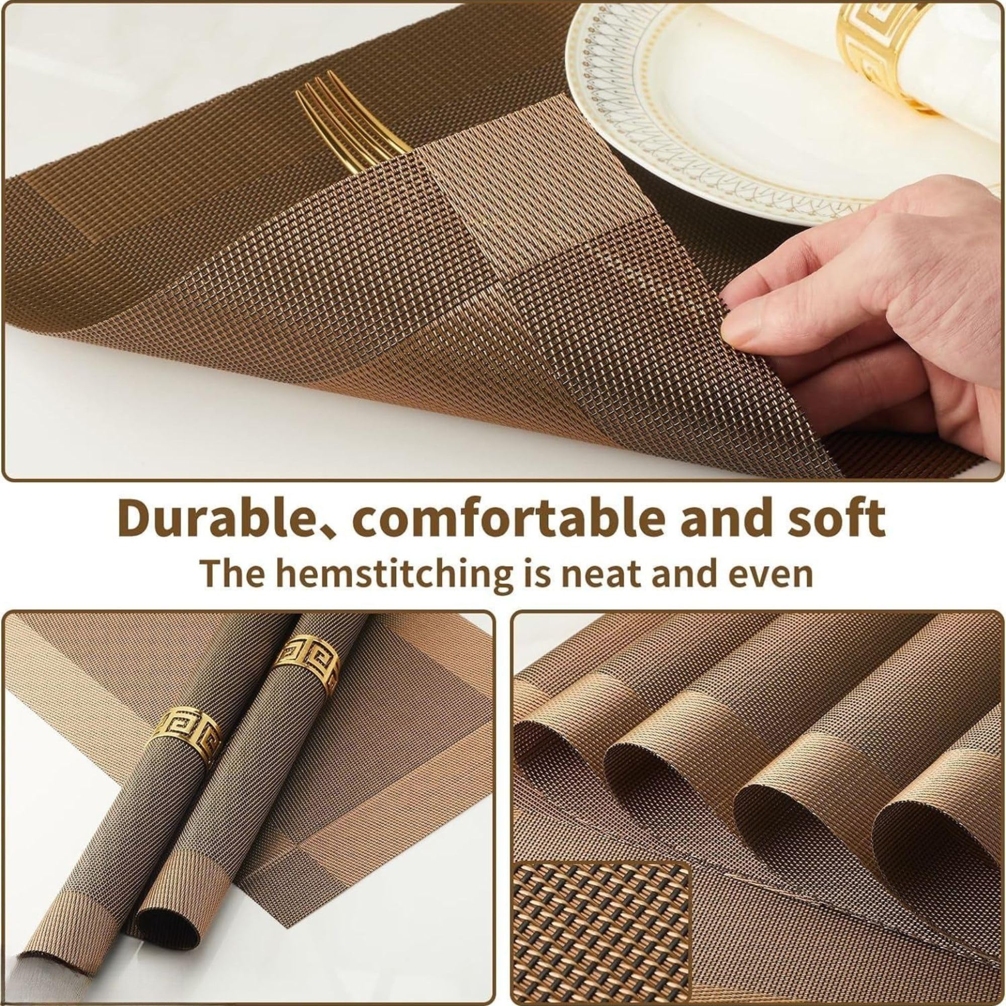 Baskety Modern Dining Table Runner with Placemats Set Waterproof, Heat-Resistant, Non-Slip Woven PVC Table Mats for Kitchen, Coffee Table and Home Décor – Brown (1 Runner + 4 Placemats) 3