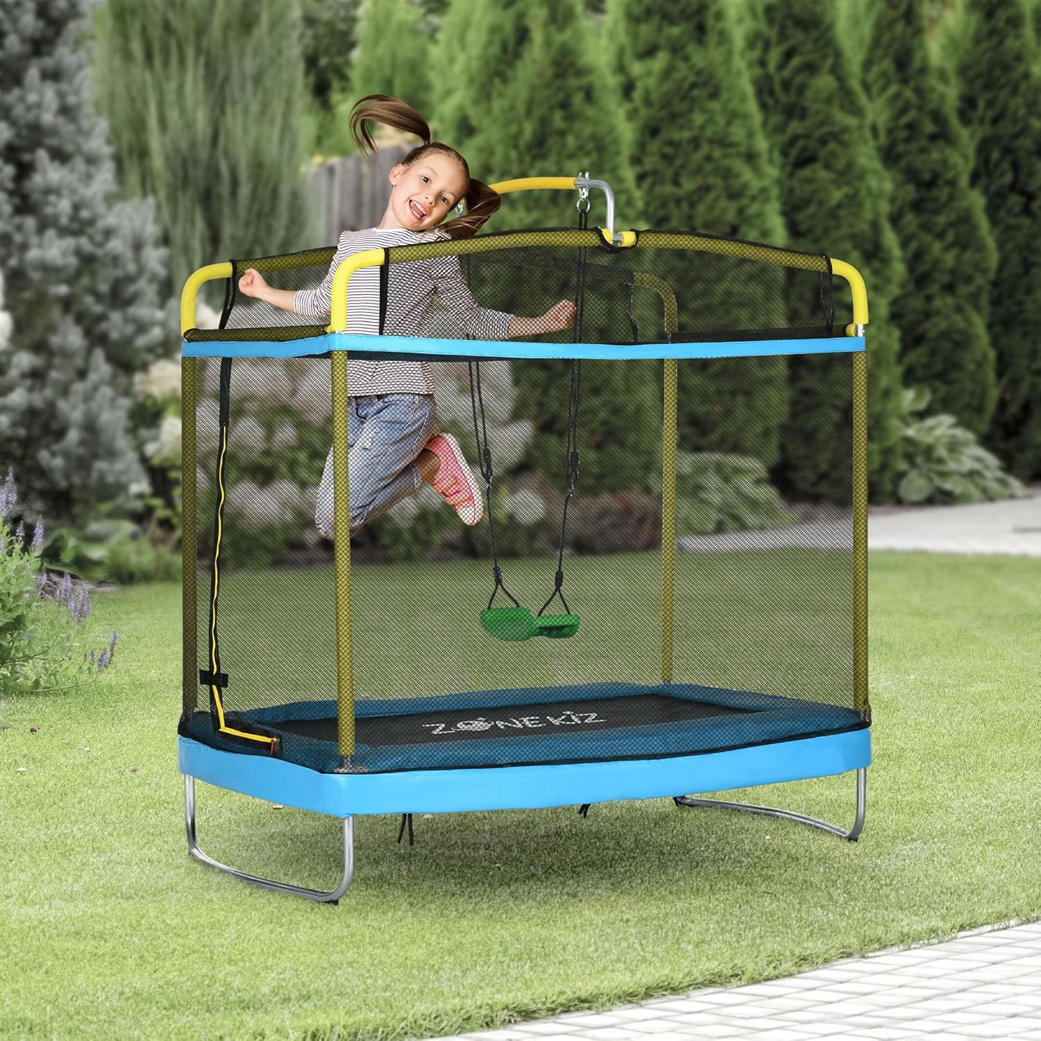 Qaba Trampoline for Kids, 6.9' Kids Trampoline with Enclosure, 3 in 1 Toddler Trampoline with Swing, Gymnastics Bar, for Indoor/Outdoor Use, Light Blue