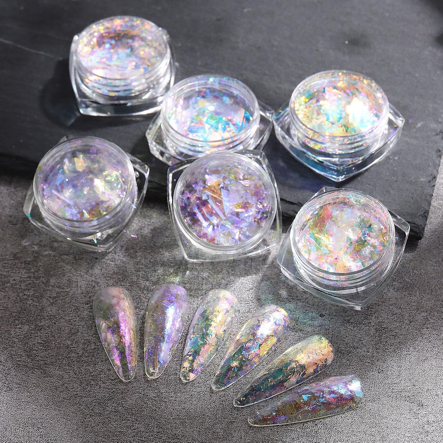 Holographic Opal Nail Art Glitter Flakes, 6 Colors Aurora Iridescent Pigment Powder Irregular Ice Crystal Mermaid Paillettes Sparkly Chunky Glitter Sequins for DIY Manicure Nail Decorations - Image 6
