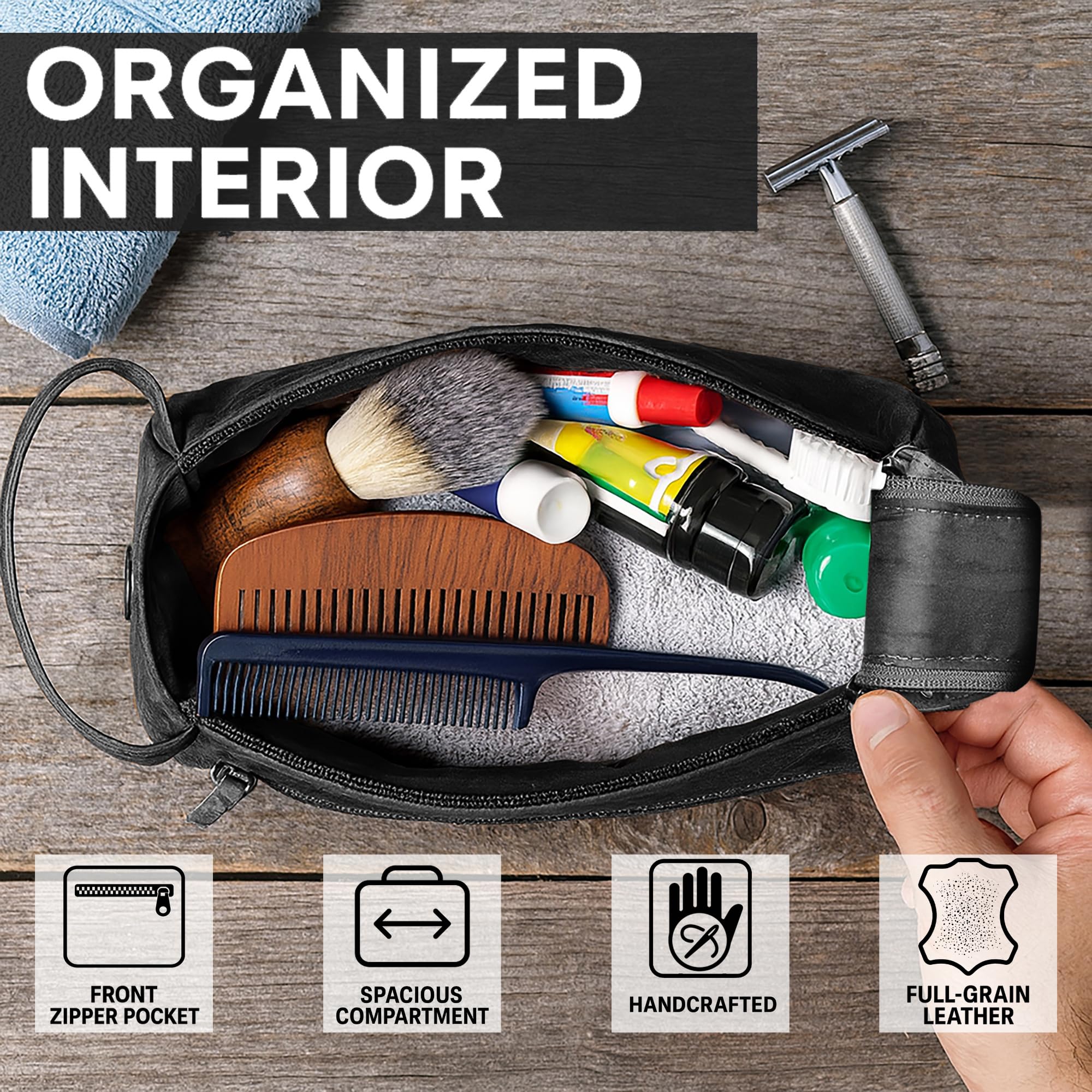 Neceser de cuero para hombre, organizador de higiene, kit de viaje Rustic Town, negro, Medium, Neceser de viaje de cuero para hombre