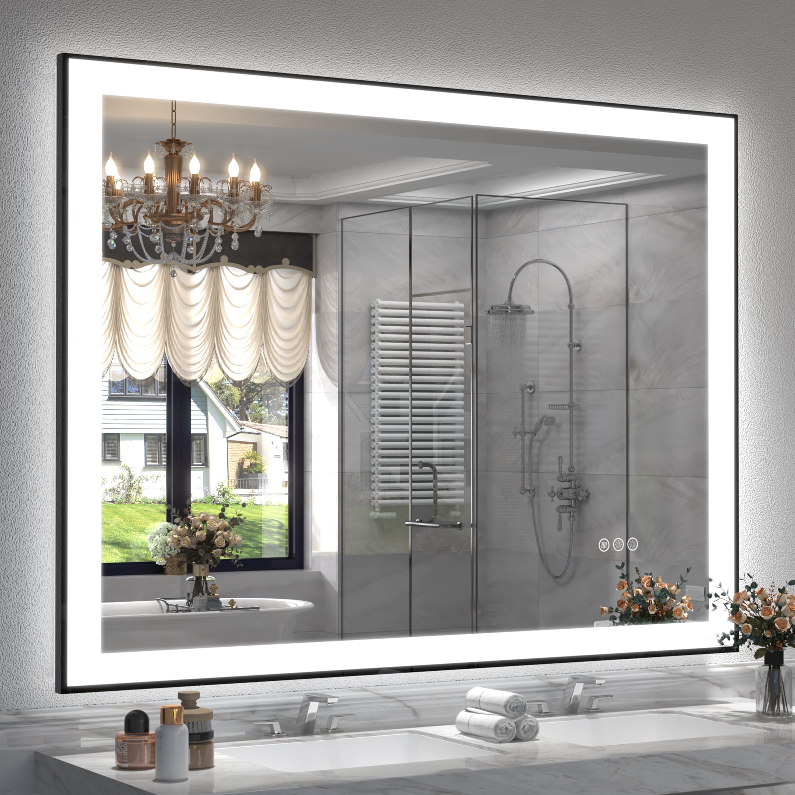 Photo 1 of SMIROR 48x40 Black Framed LED Lighted Bathroom Vanity Mirror for Wall