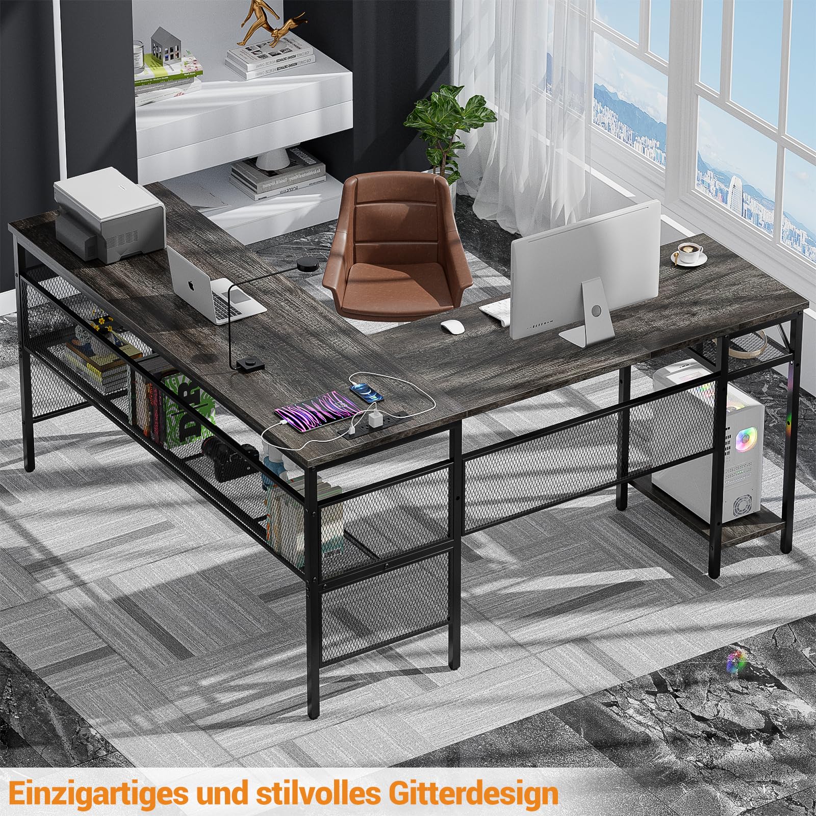 iSunirm Biurko gamingowe w kształcie litery L, 140 x 115 x 75 cm, biurko komputerowe z półką, biurko biurowe z odwracanym stolikiem narożnym do nauki, gier, domowego biura, szary dąb