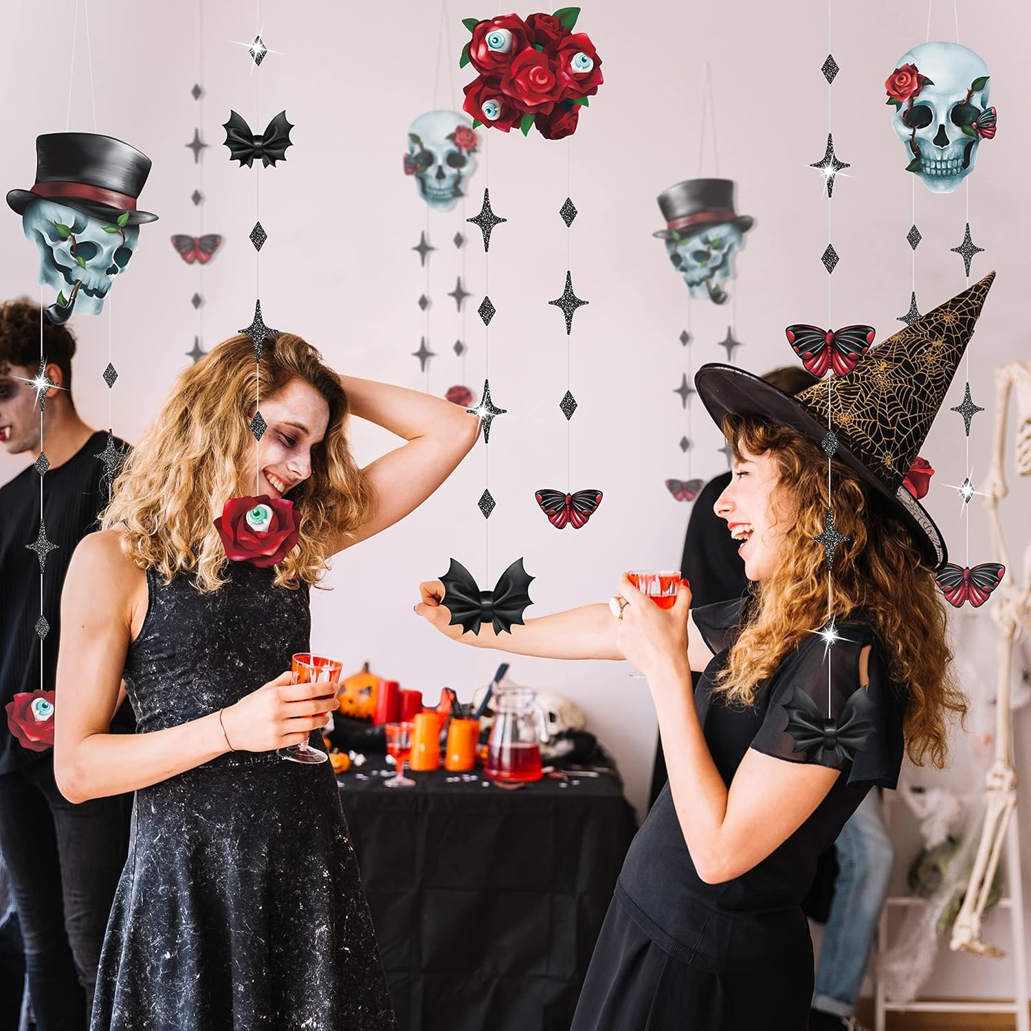 Cheerland Bundle Rose Skull Halloween Short Garland 6 pcs Backdrop & 4pcs Garland Red Rose Butterfly Eyeballs Black Red Backdrop Banners & 7 x 5 ft Backdrop Fabric