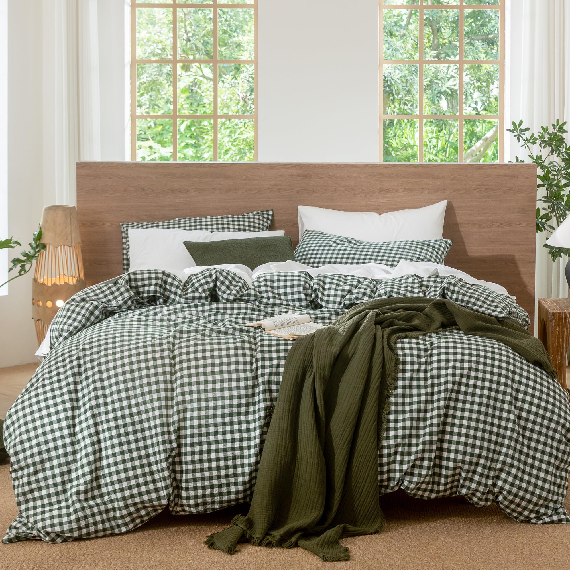 MooMee Gingham Duvet Cover Set 100% Washed Cotton Linen Like Textured Breathable Durable Soft Comfy Modern Checkered Design (Forest Green Gingham,