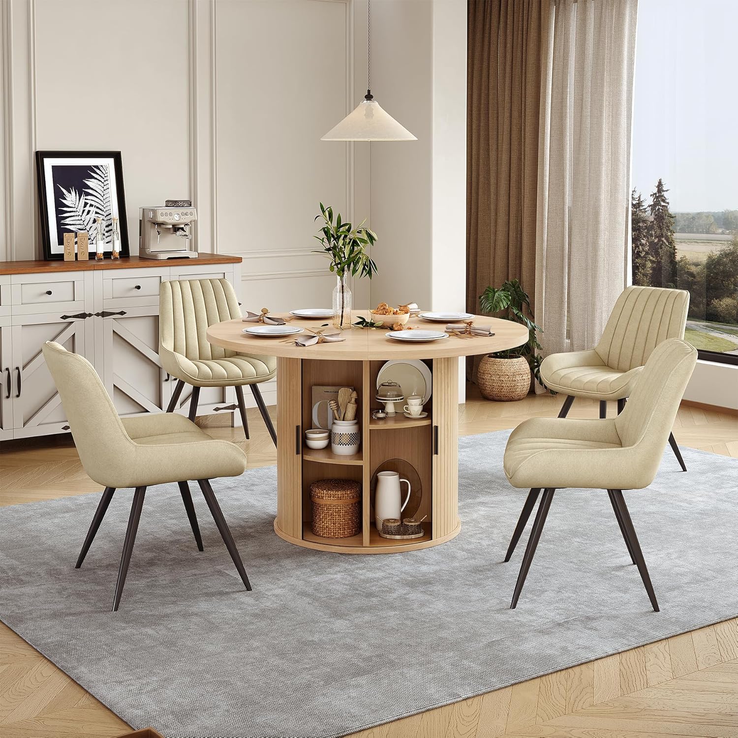 Miereirl Modern Round Wooden Dining Table and Chair Set,Table with Semi-Open Storage Rack and Sliding Door, Dining Chairs Made of High-end Fabric, Warm Home Dining Room Combination
