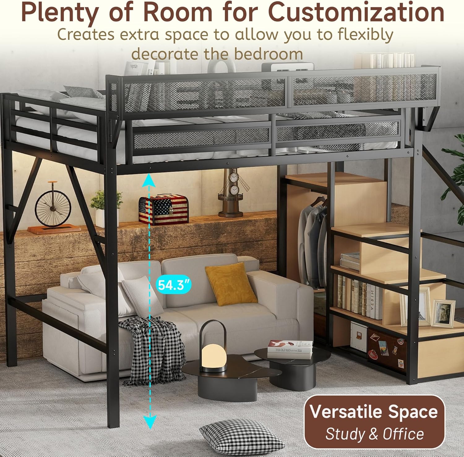 Full Size Loft Bed with Stairs and Storage, Metal Loft Bed Frame with Bedside Shelf and Large Under-Bed Space, Heavy-Duty Bed for Adults Teens and Kids, Black Full Black With Natural