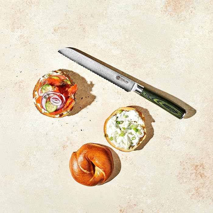 HexClad Bread Knife, 8-Inch Japanese Damascus Stainless Steel Blade, Pakkawood Handle