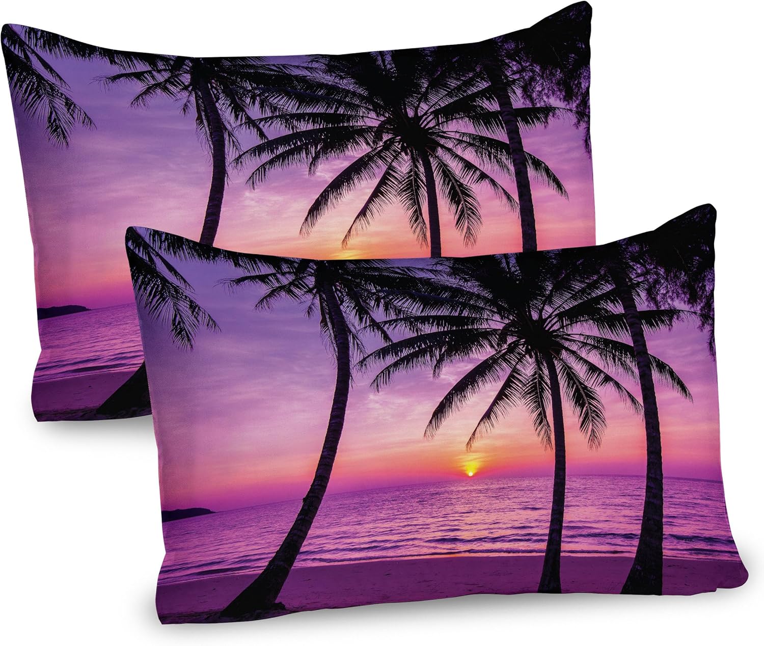 Ambesonne Ocean Pillow Sham Set of 2, Palm Trees Silhouette at Sunset Dreamy Dusk Warm Exotic Twilight Scenery Image, Quality Microfiber Bedding Item for All Seasons, 30" x 20", Purple Black