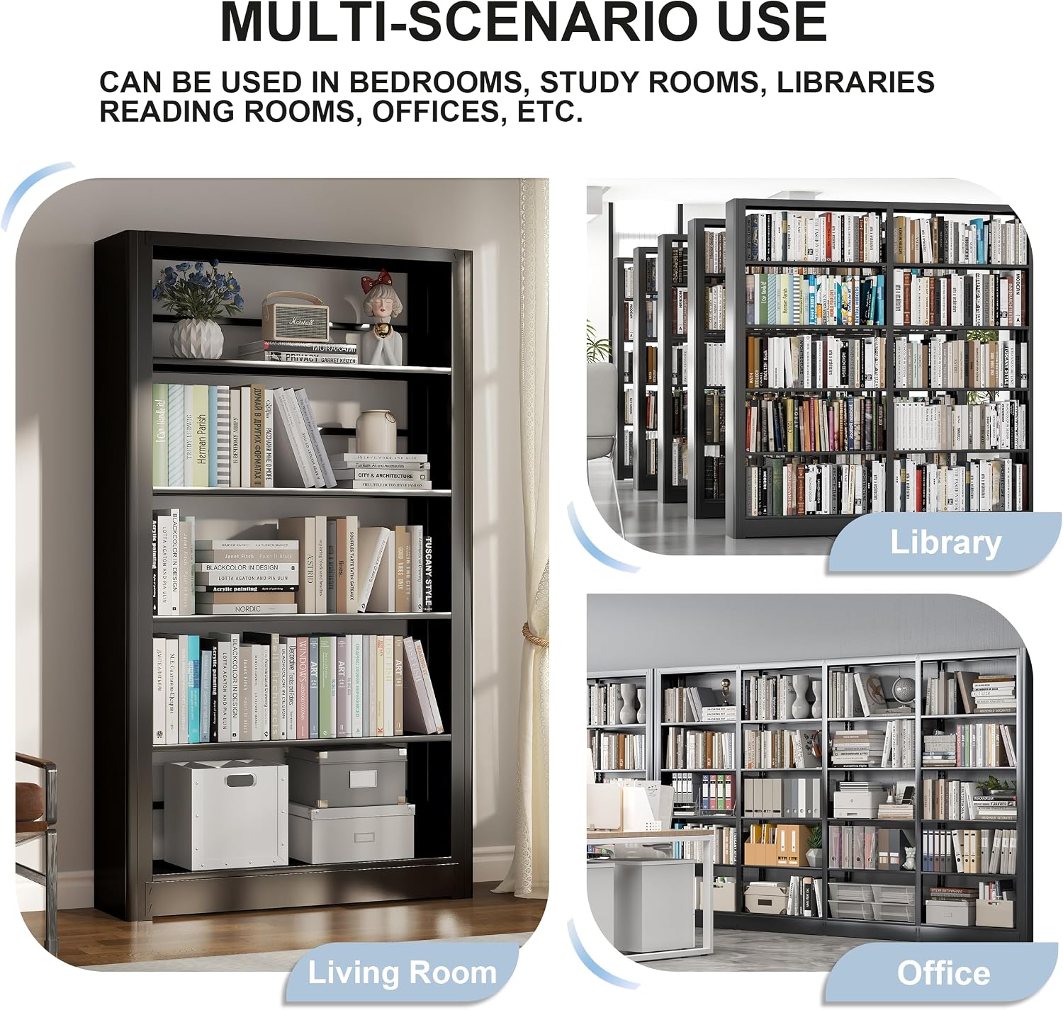 OSEILLC 5-Tier Expandable Metal Bookshelf, 69" H x 36" W Heavy Duty Black Bookcase, Adjustable Storage Shelves, 280lbs Per Layer Capacity for Living Room Office Bedroom