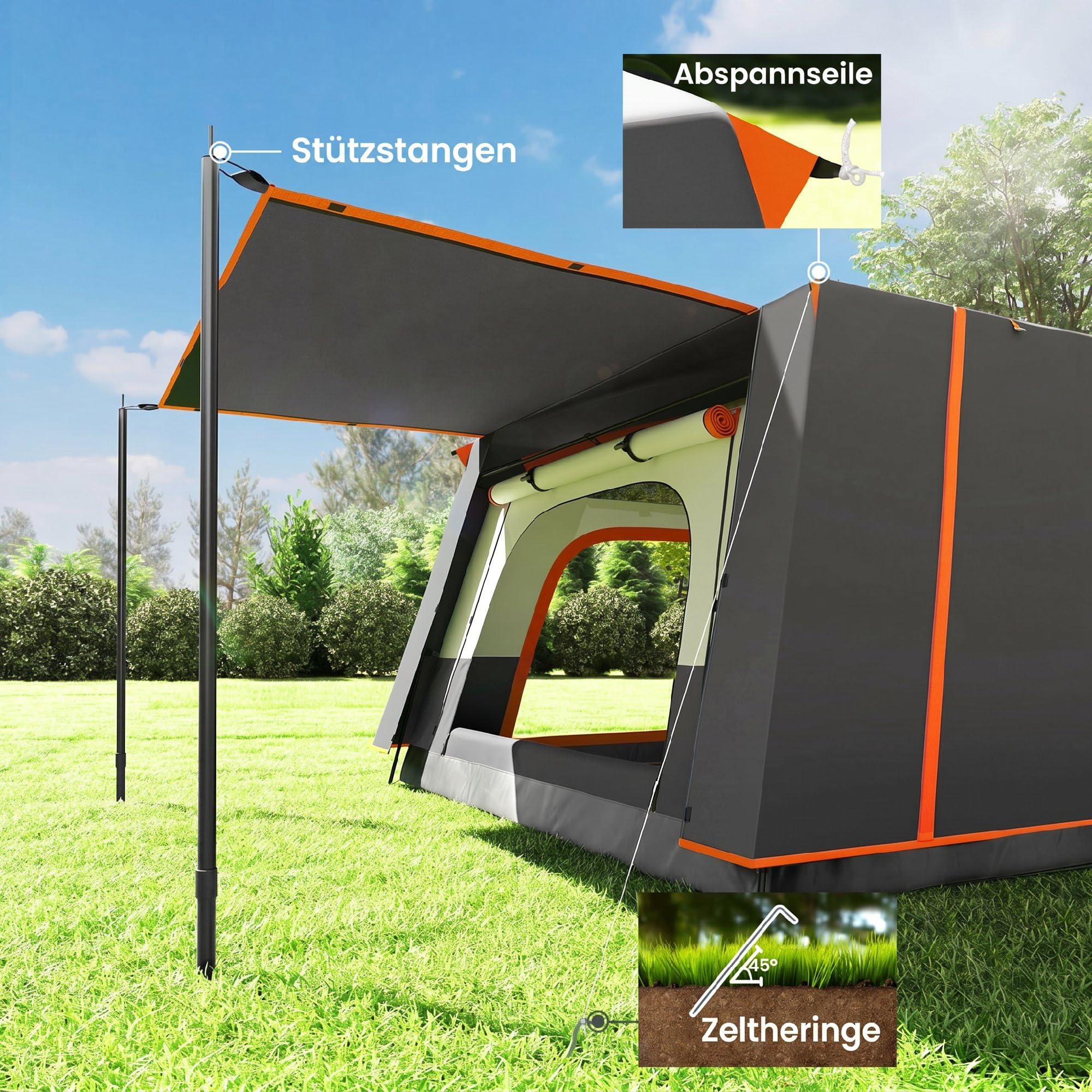 Outsunny Campingzelt für 4 Personen leicht, stabil wasserabweisend Tunnelzelt mit Vordach Bodenplane Seitentür Fenster Packtasche 3000mm Wassersäule groß Familienzelt Zelt für Camping Reise Garten