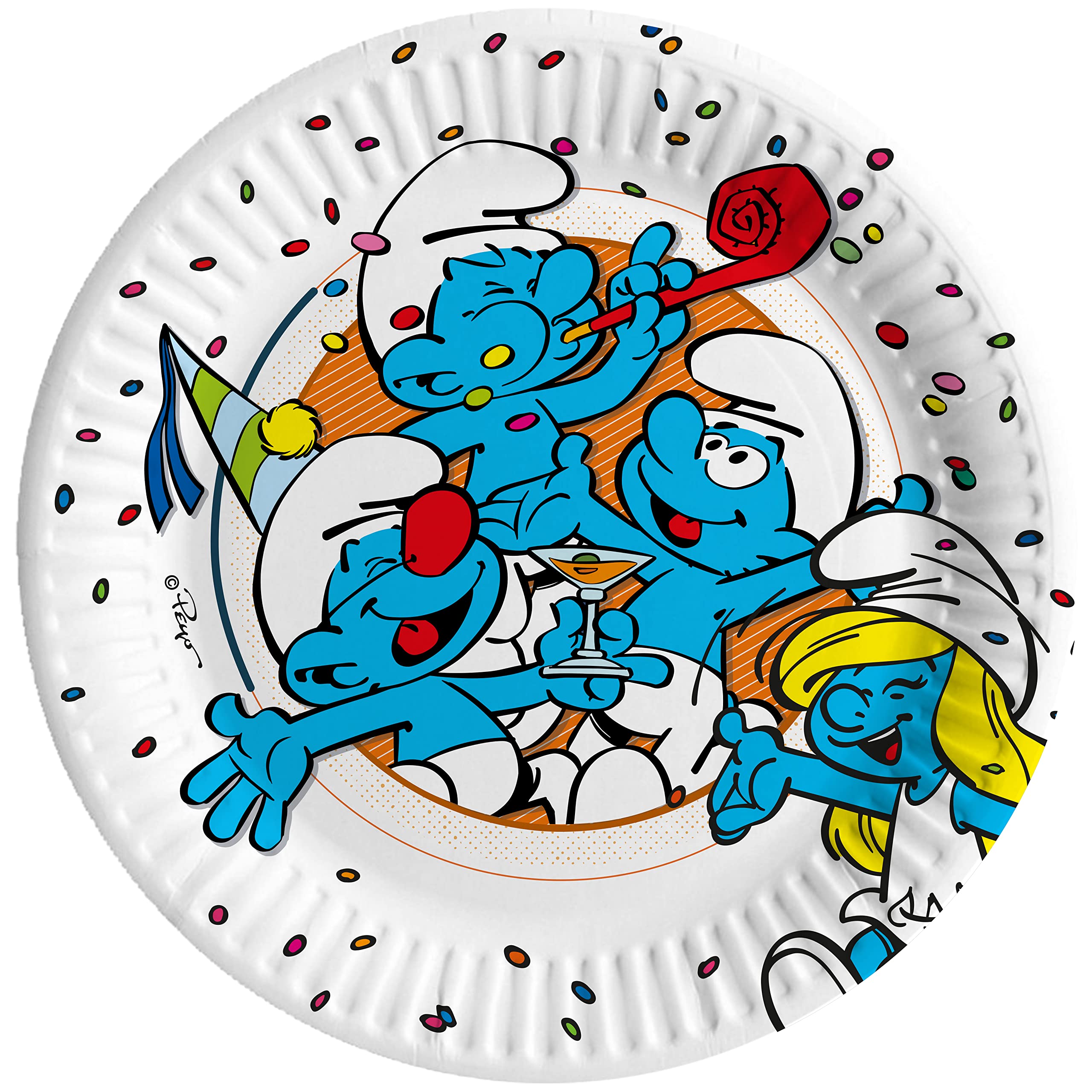 Ciao - Compostable Paper Plates Smurfs (Ø18cm), 8 Pieces 16-21cm, Blue, White, 24060