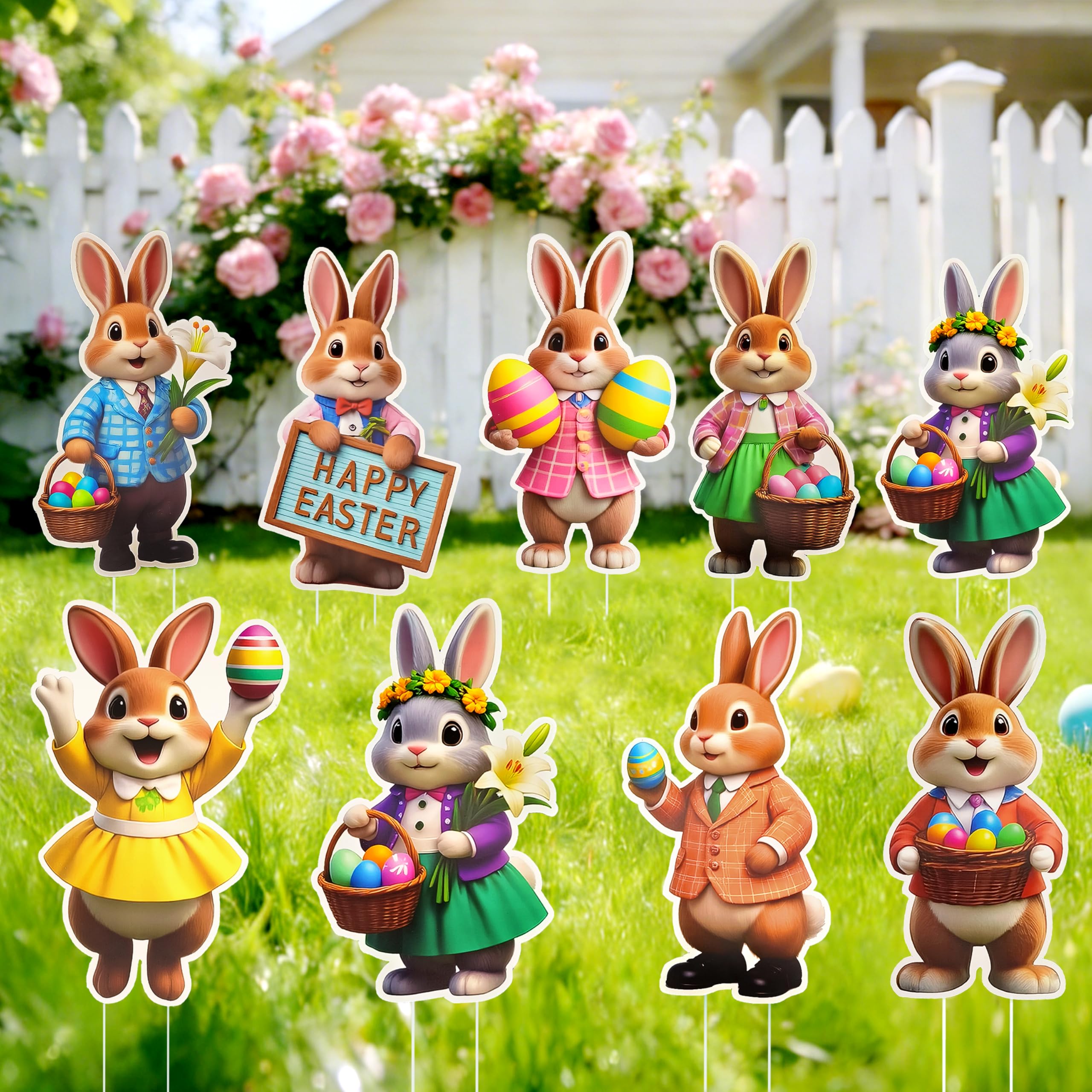 Photo 1 of Easter Decorations Outdoor, 9pcs Realistic Bunny Decorations with Colorful Easter Elements, Outdoor Indoor Spring & Easter Party Decor