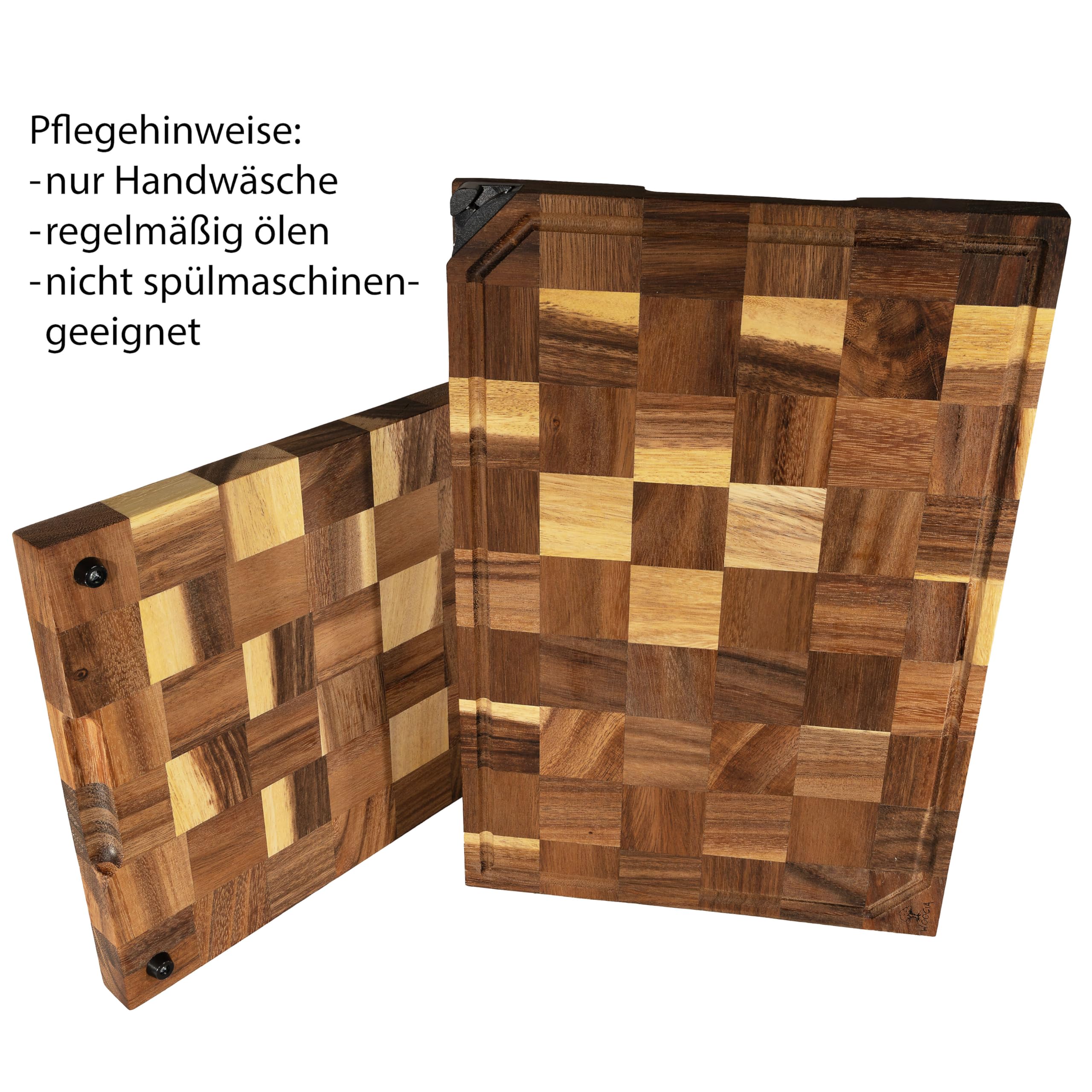 Holzschneidebrett aus massiver Akazie mit integriertem Messerschärfer (45x30x3cm) - Schneidebrett Holz mit einzigartiger Optik durch Stirnholz - Schneidebrett mit durchgehender Saftrille