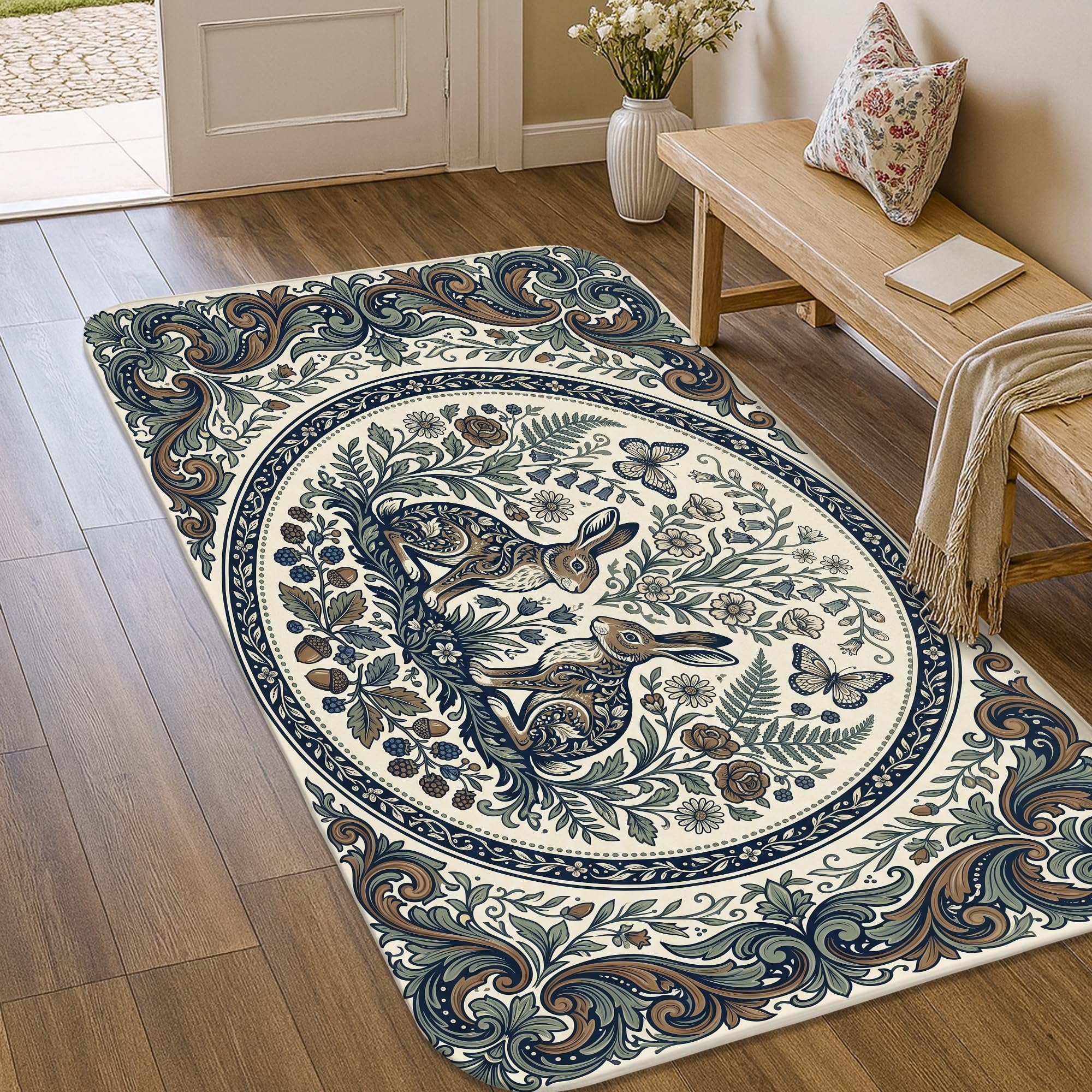 Alfombra de conejo azul marino rectangular antideslizante de primavera lavandería y baño