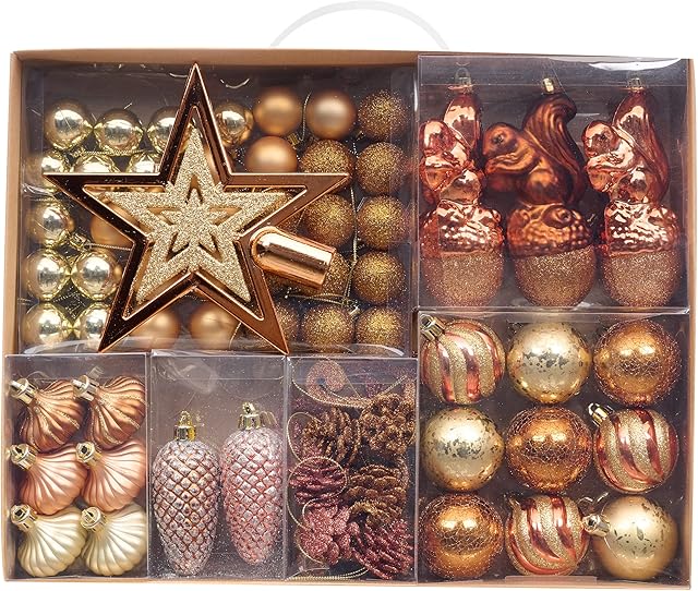 Valery Madelyn 70pcs 3-11cm Shatterproof Christmas Baubles,Woodland Copper and Gold Christmas Ball Ornaments for Christmas Tree Decorations
