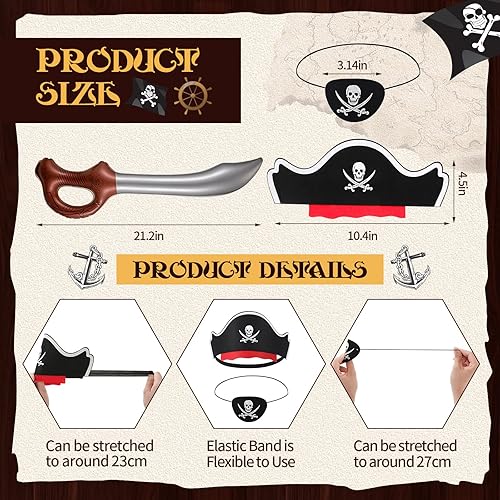 Miniatura 2 de Charniol Juego de fiesta pirata de fieltro, sombreros de pirata, parches para ojos de pirata, espadas inflables, carnaval, suministros de fiesta